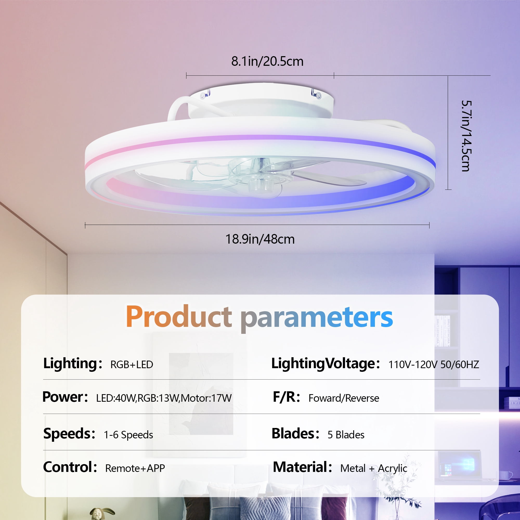 MQJIAZHI 19-inch RGB Bladeless Ceiling Fan with Light, Modern Flush Mount Fandelier with Remote and App Control (19 in) bj7uo