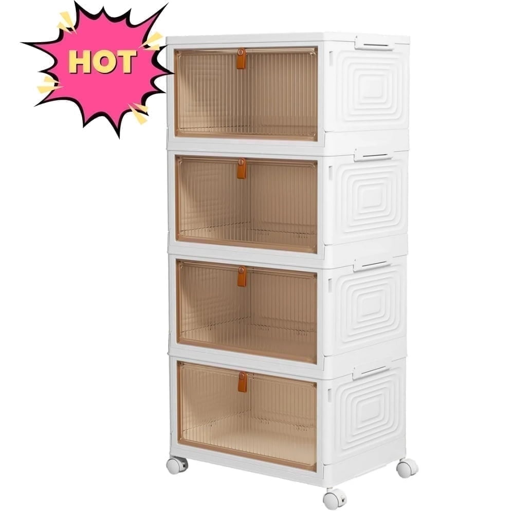 OKENTEN 4-Tier Rolling Storage Bins with Lid, Stackable Folding Organizer for Home and Office (White, 15.35 in x 11 in x 32.87 in) zvqx7