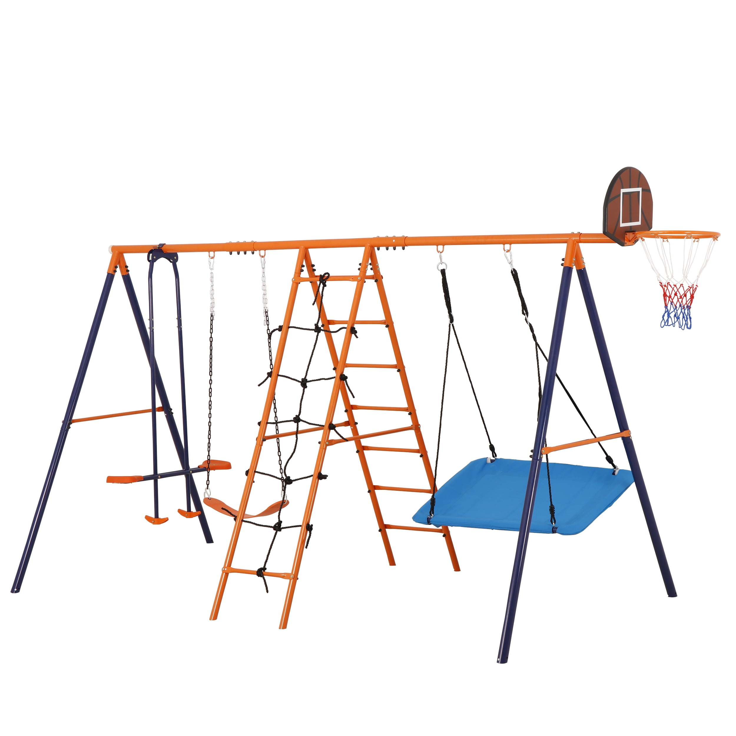 ZenSports 5-in-1 Outdoor Kids Swing Set with Saucer Swing, Belt Swing, Seesaw, Basketball Hoop, and Climbing Ladder (Orange, 660 lb Capacity) wfok7