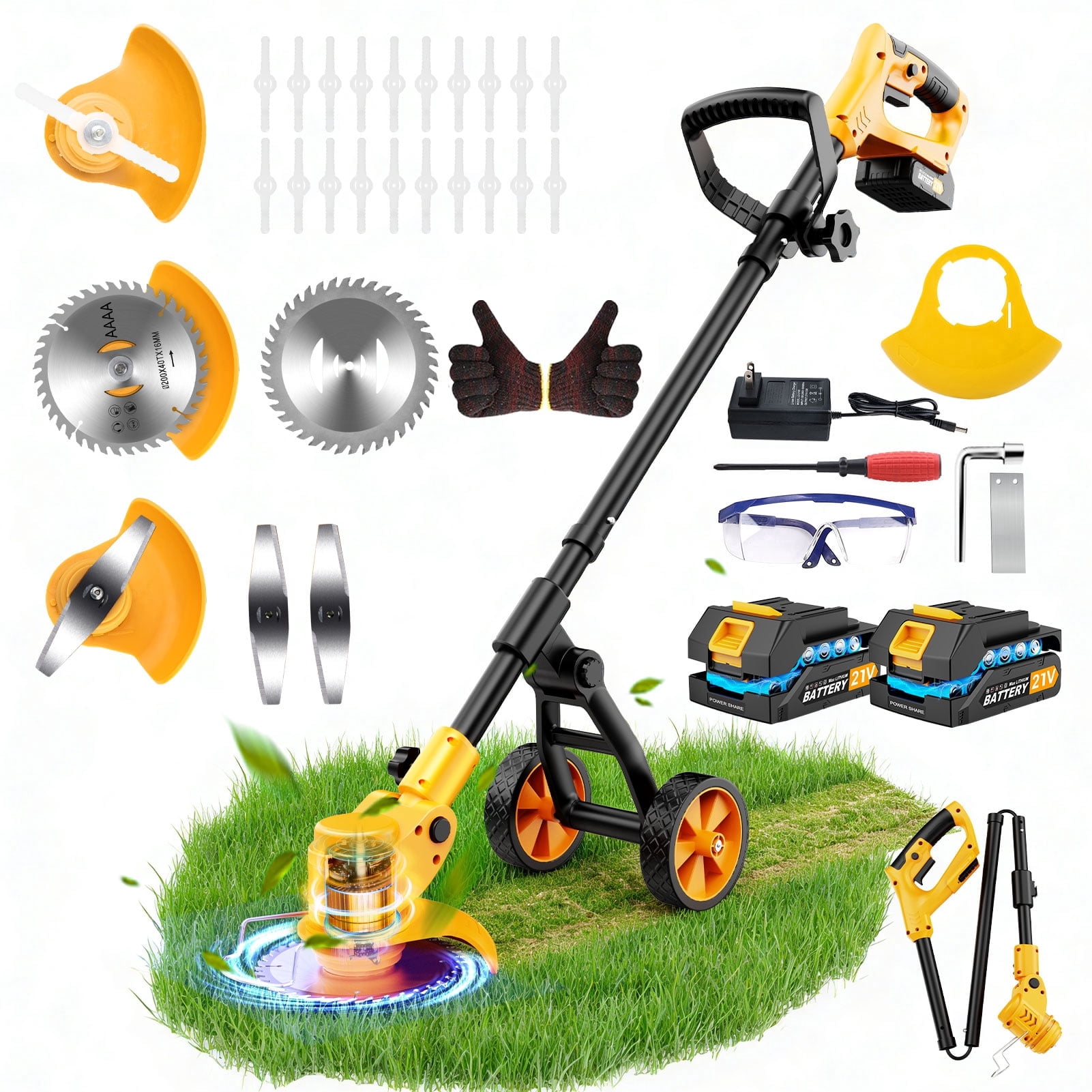 Lemolifys Cordless Electric Grass Trimmer with Wheels and 3 Blades (Yellow, 6 in) ocaa6