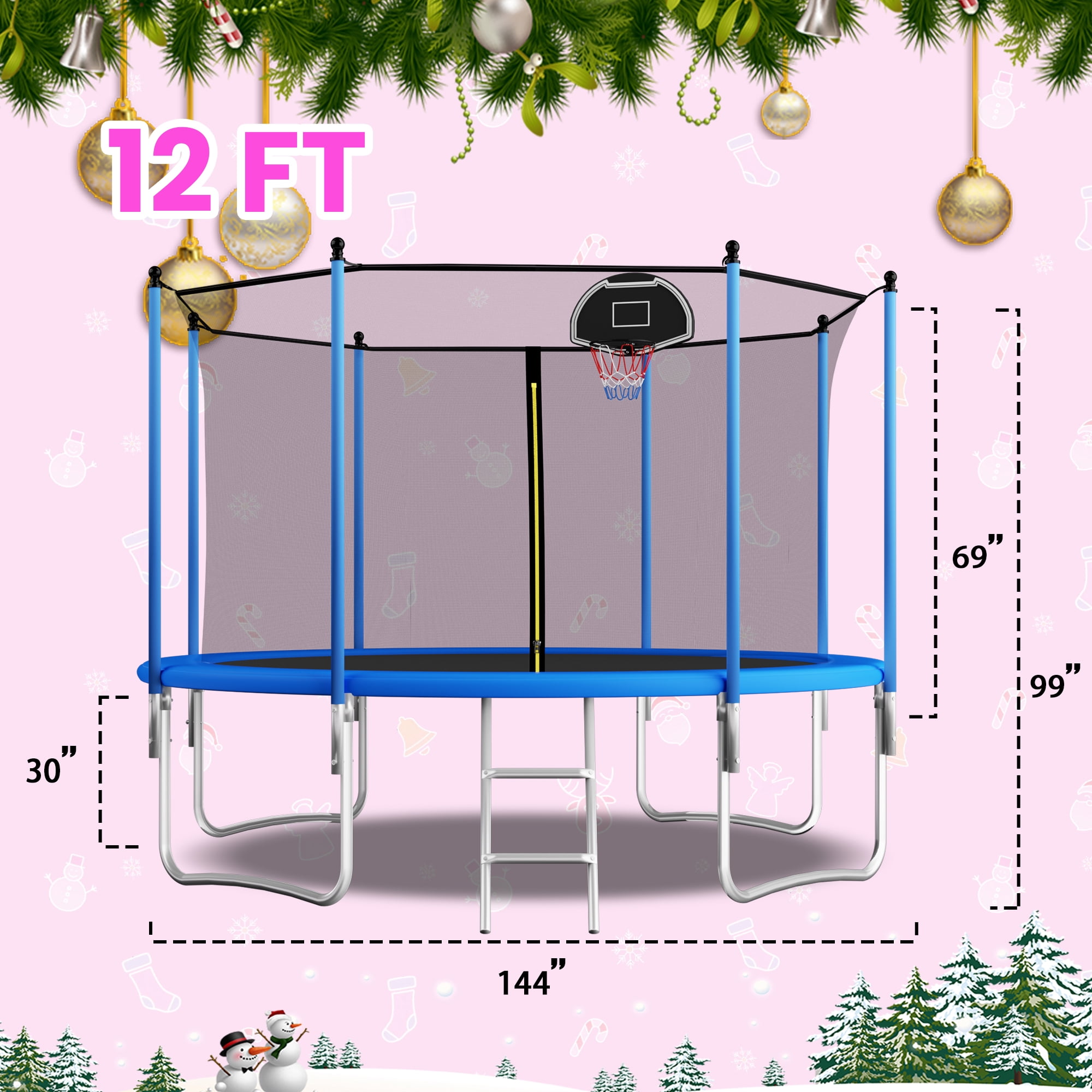 Shengchao Trade 12 ft Recreational Trampoline with Enclosure, Basketball Hoop, and Safety Ladder (Blue, 1000 lb) jjouu