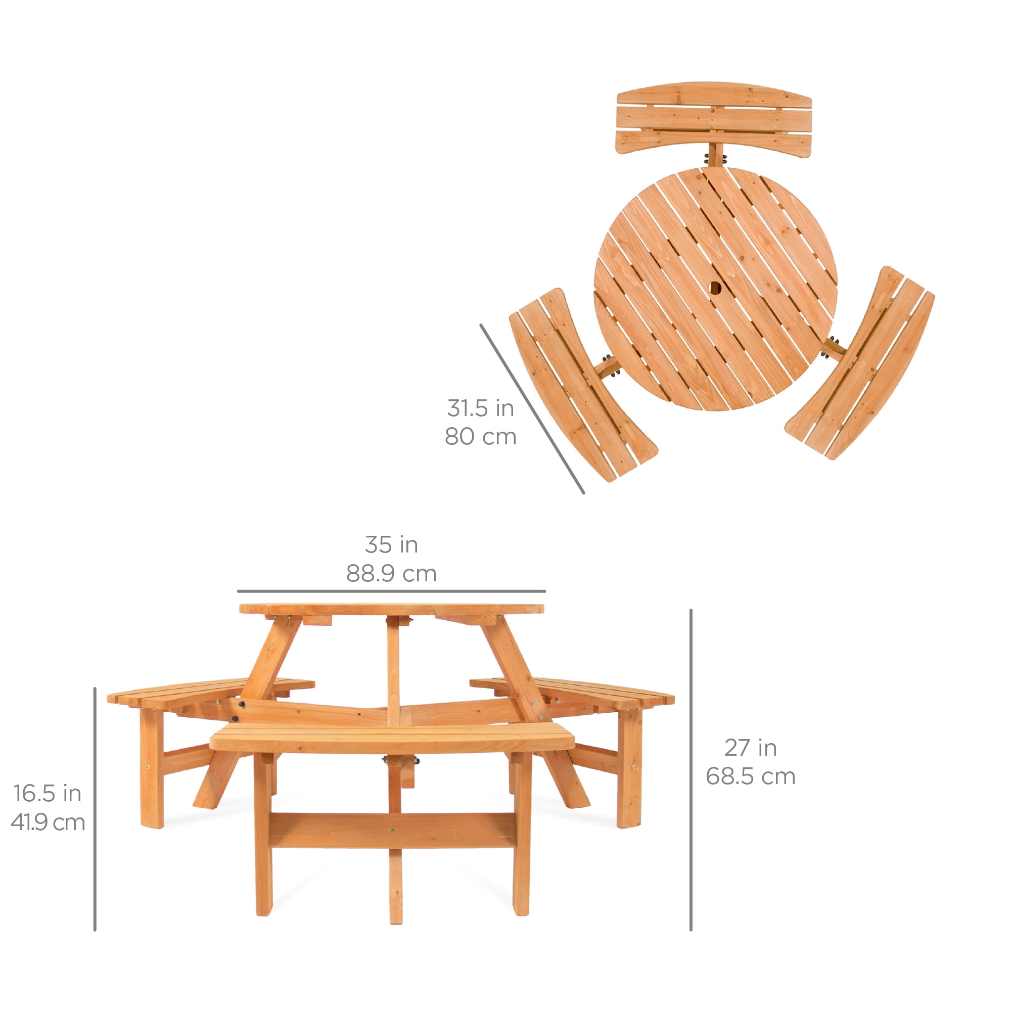 Best Choice Products Circular Outdoor Wooden Picnic Table with 3 Built-In Benches (Natural, 35 in Diameter) a1xwu