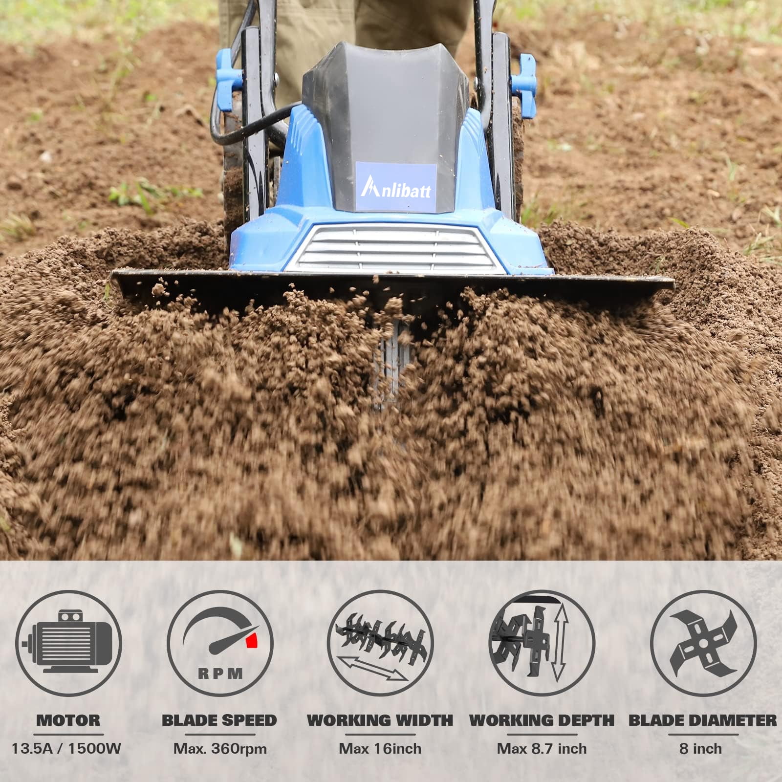 ANLIBATT Electric Garden Tiller Cultivator, 13.5 Amp 16 in Wide Rototiller with 6 Steel Tines and Adjustable Wheels z4aur