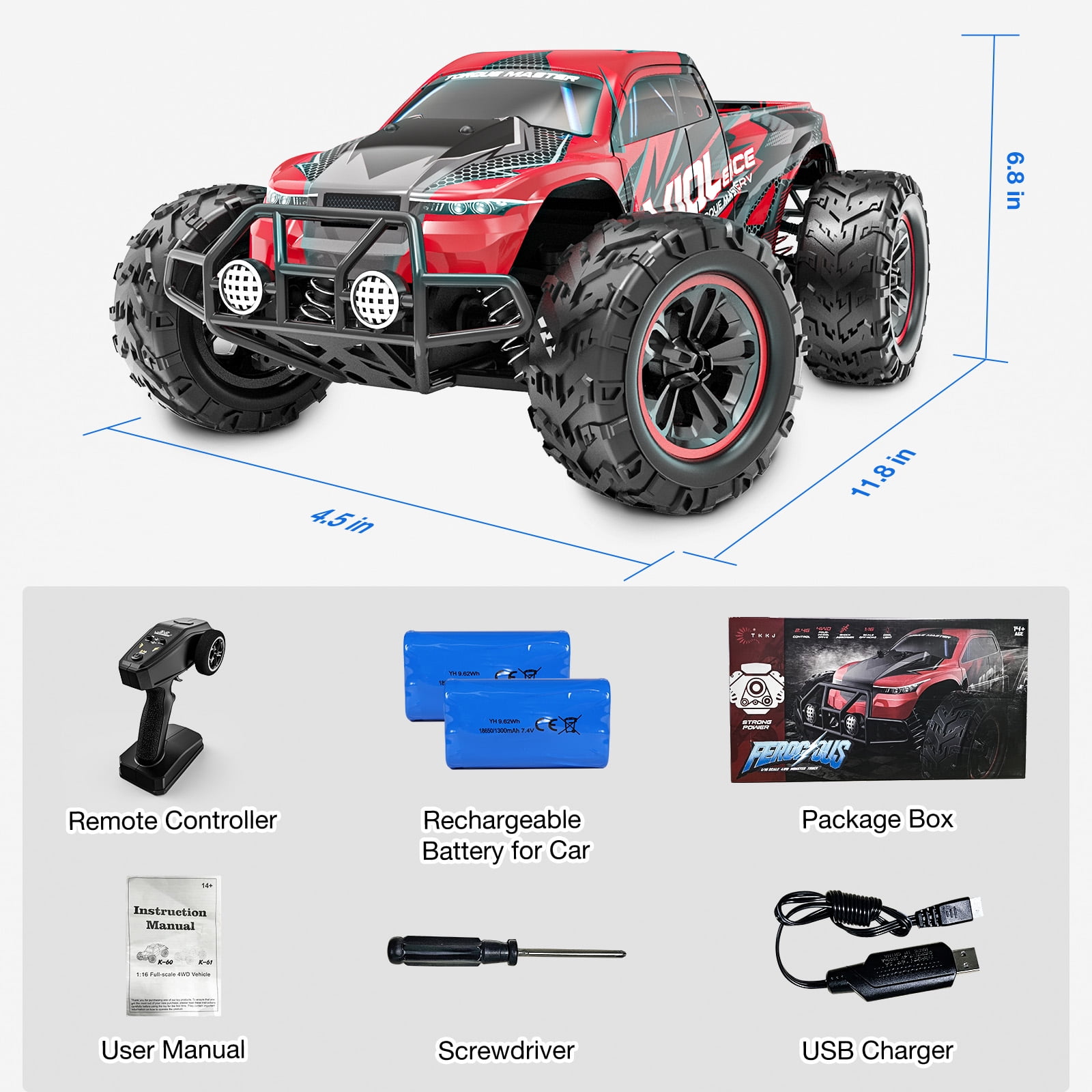 AUOSHI 1:16 Scale Remote Control Truck, High-Speed 4WD Off-Road RC Car with LED Lights (Red, 1:16 Scale) fdg8i