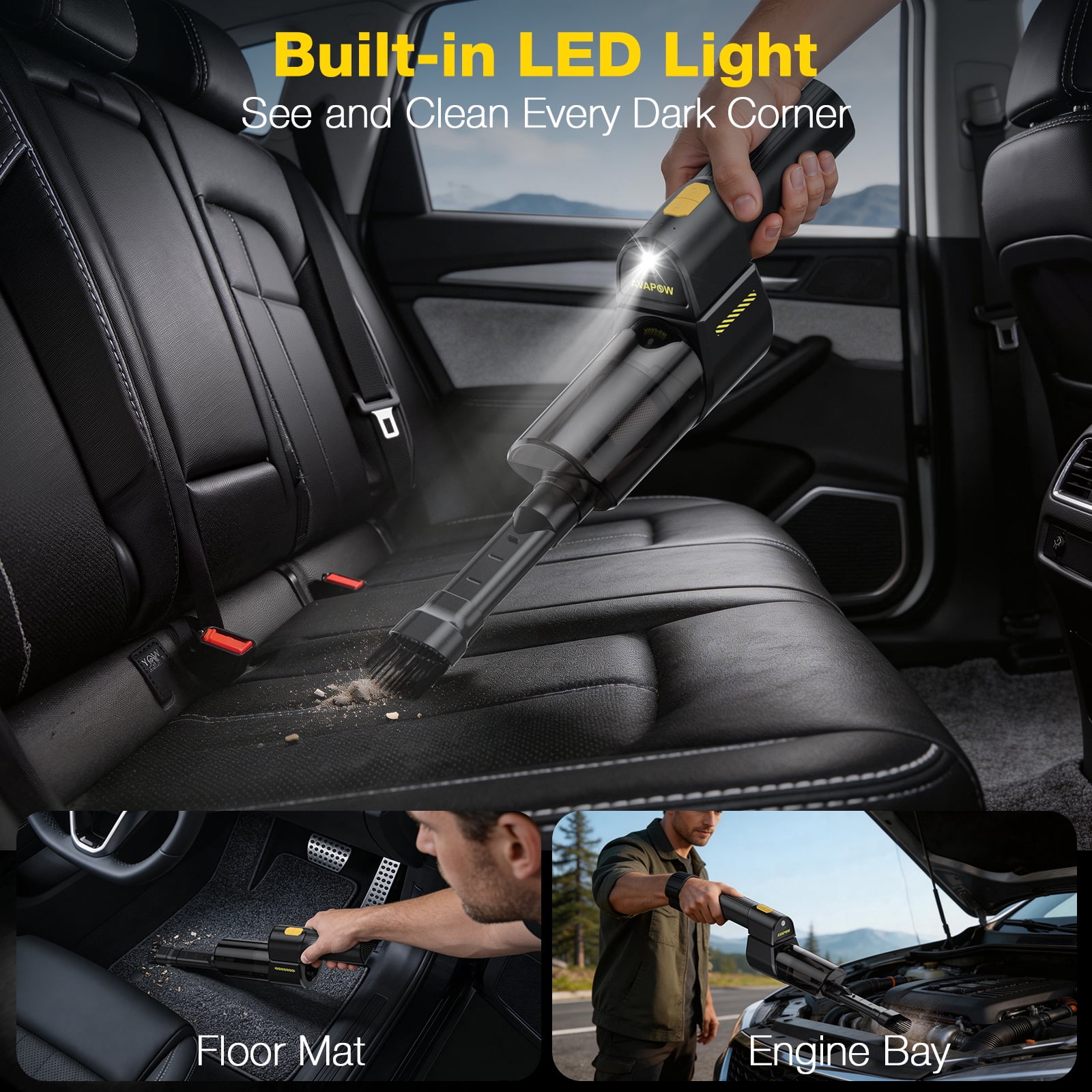 AVAPOW Cordless Handheld Car Vacuum and Air Duster 2-in-1 Portable Cleaner with LED Light (Black, 18000PA) 1fvn7