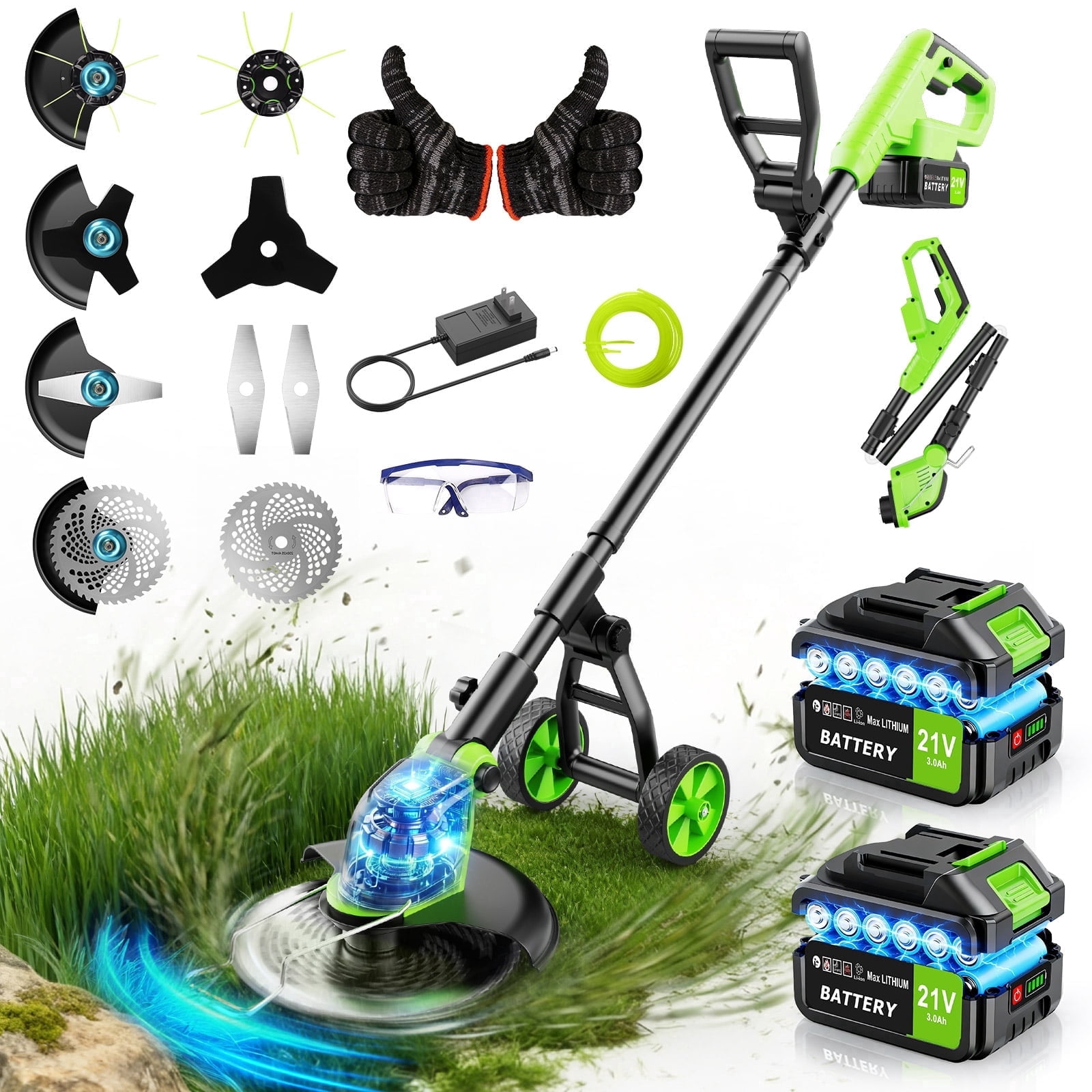 Fovendi Electric Weed Eater, 4-in-1 Cordless Grass Trimmer and Brush Cutter with Wheeled Support (Green, 12 in) 7q6mq