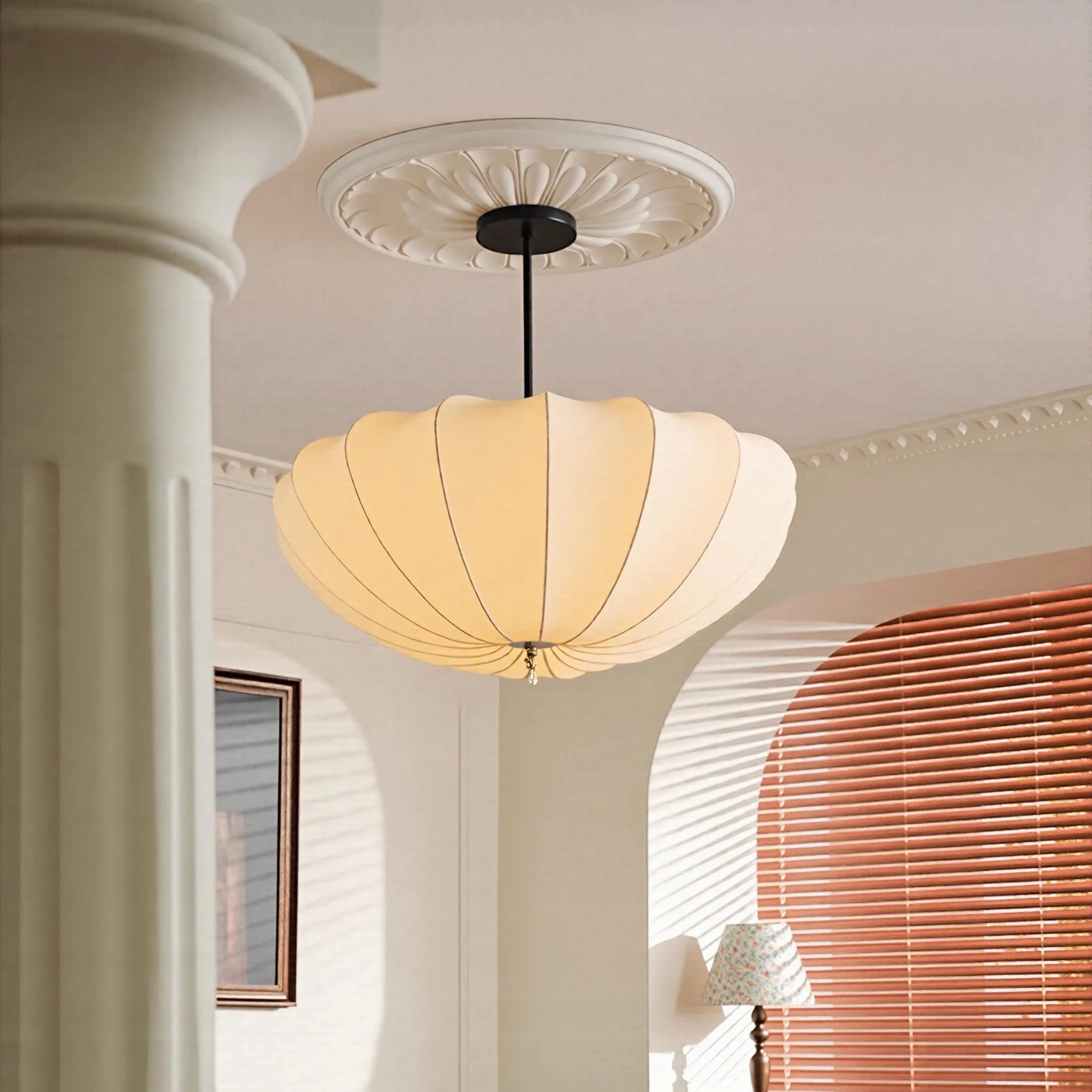 Viaurbe Japanese Minimalist Fabric Shade Chandelier with Iron Frame (Round, 18 in) 4kf1h
