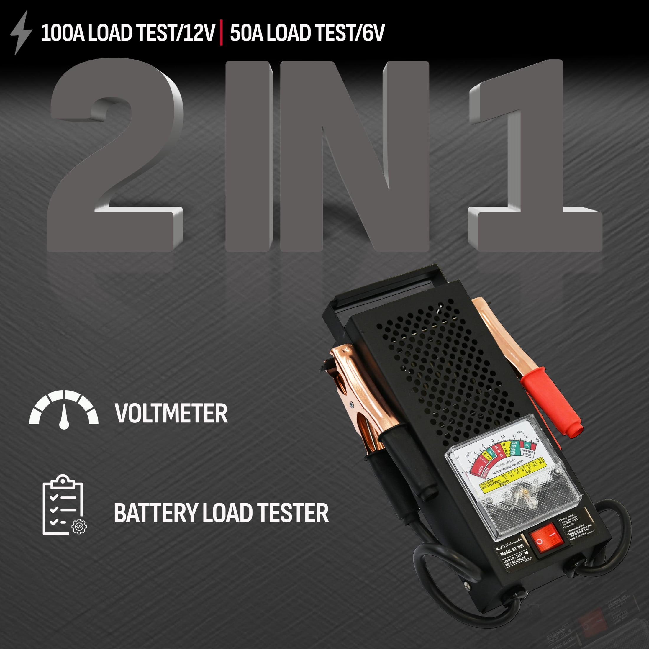 Schumacher Electric 100A Battery Load Tester and Voltmeter for 6V/12V Automotive and Marine Systems (BT-100) dgrgn