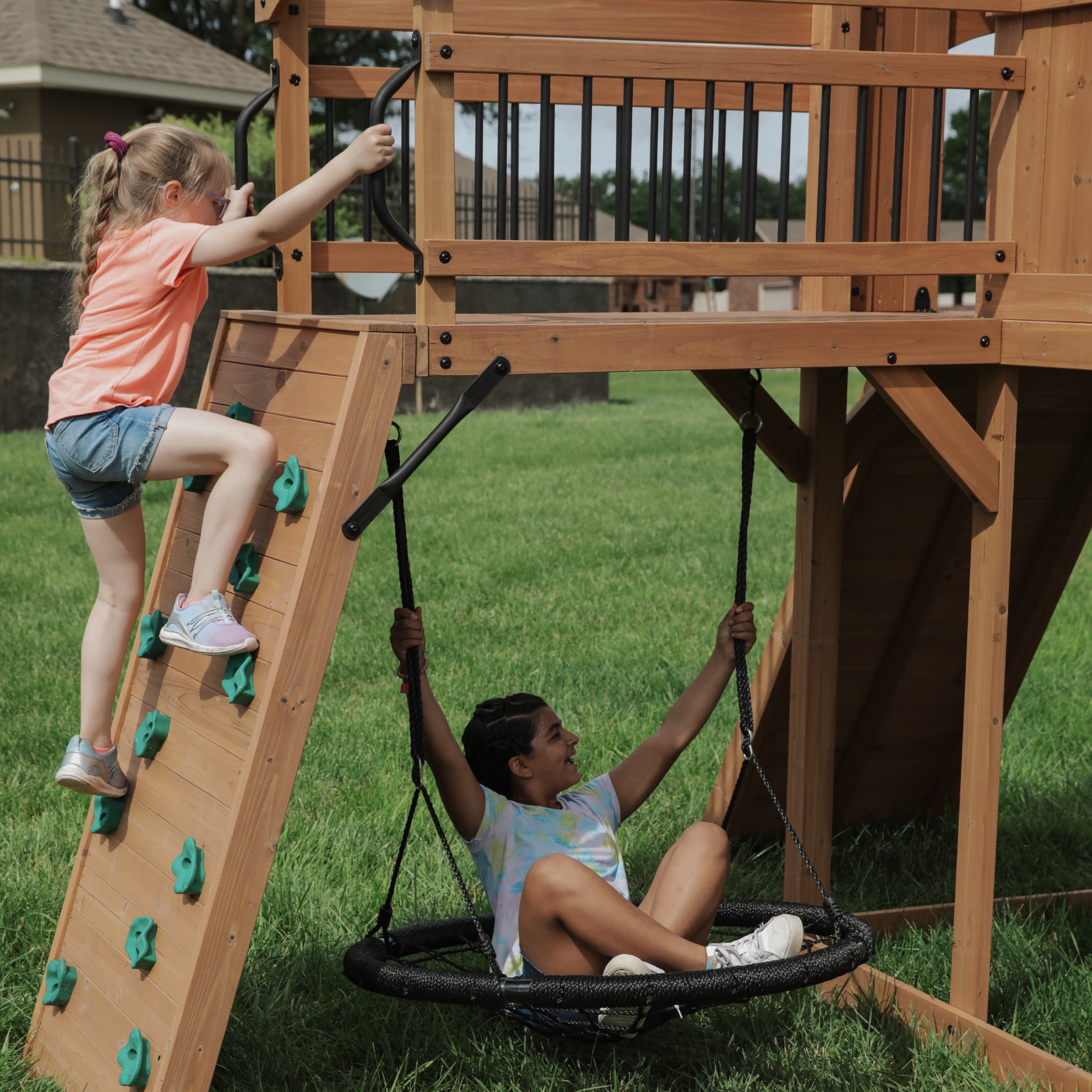 Backyard Discovery Sterling Point Cedar Wood Swing Set with Clubhouse, Slide, and Bridge (Brown, 19 ft x 13 ft) n73lz