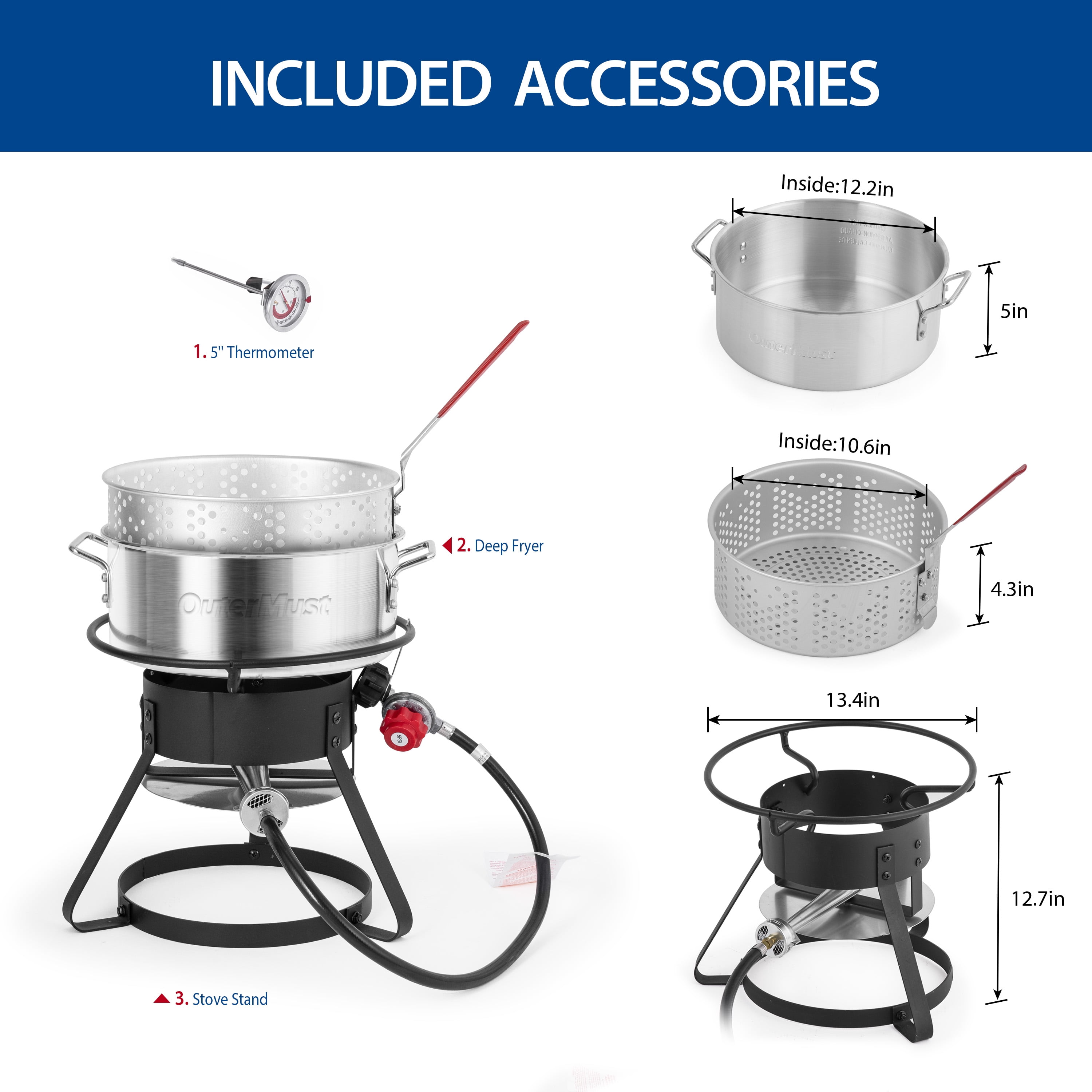 OuterMust Outdoor Deep Fryer Pot with Basket and Thermometer (11 qt, Silver) kmhb4