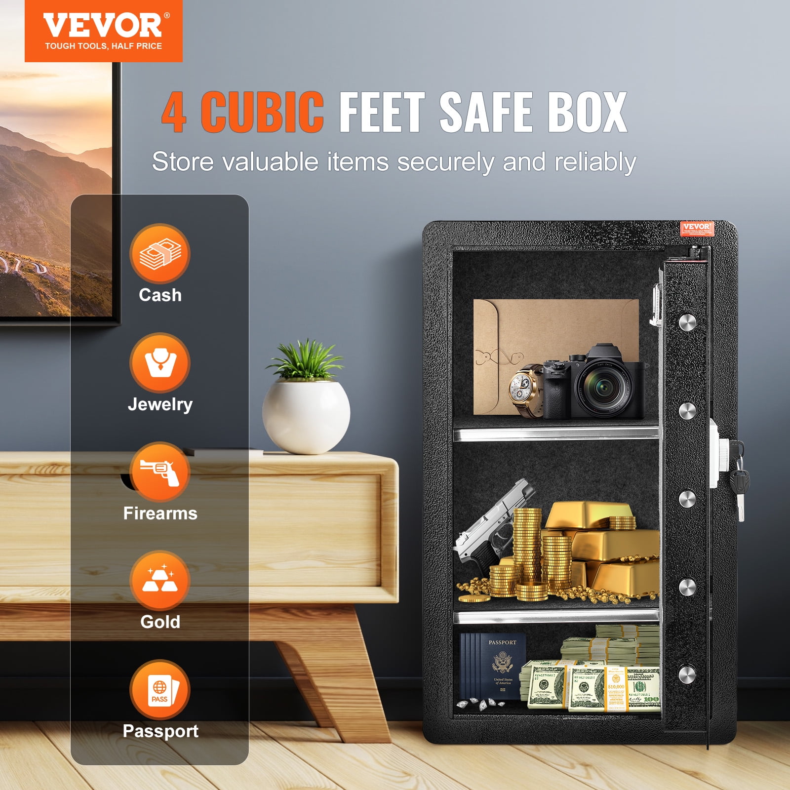 VEVOR Security Safe Box with Fingerprint Lock and Digital Keypad (4.0 cu.ft, Black) 40kwi