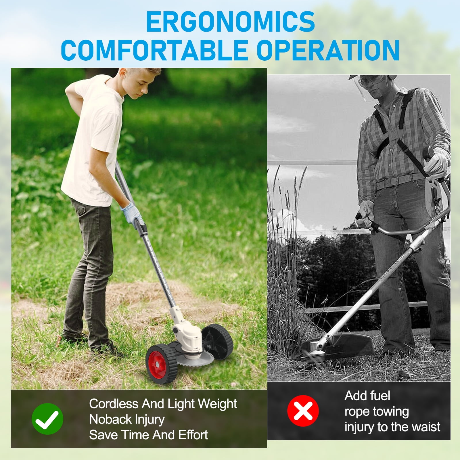 CATGOOD Cordless Lawn Trimmer, 200W Electric Weed Cutter with 3-in-1 Blade System (White, 33-47 in) xcw8y