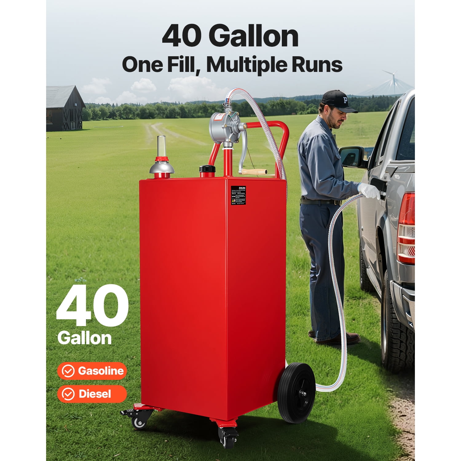 KFFKFF 40-Gallon Portable Fuel Storage Tank with Manual Pump (Red, 40 Gallon) 8y1bi