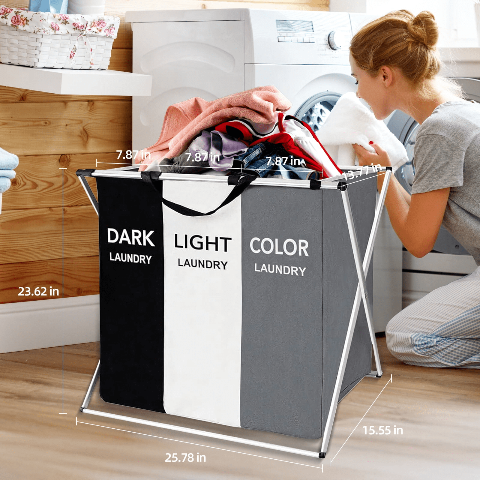 Torio 3-Compartment Collapsible Laundry Hamper, Freestanding Clothes Organizer with Reinforced Handles (Large, Gray) q6ukc