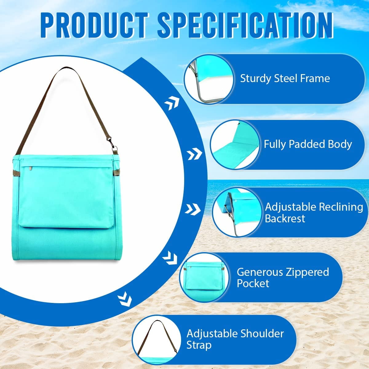 Bo-Toys Portable Beach Mat Padded Lounge Chair with Attached Tote (Blue, 21.25 in x 63.5 in) pw5hw