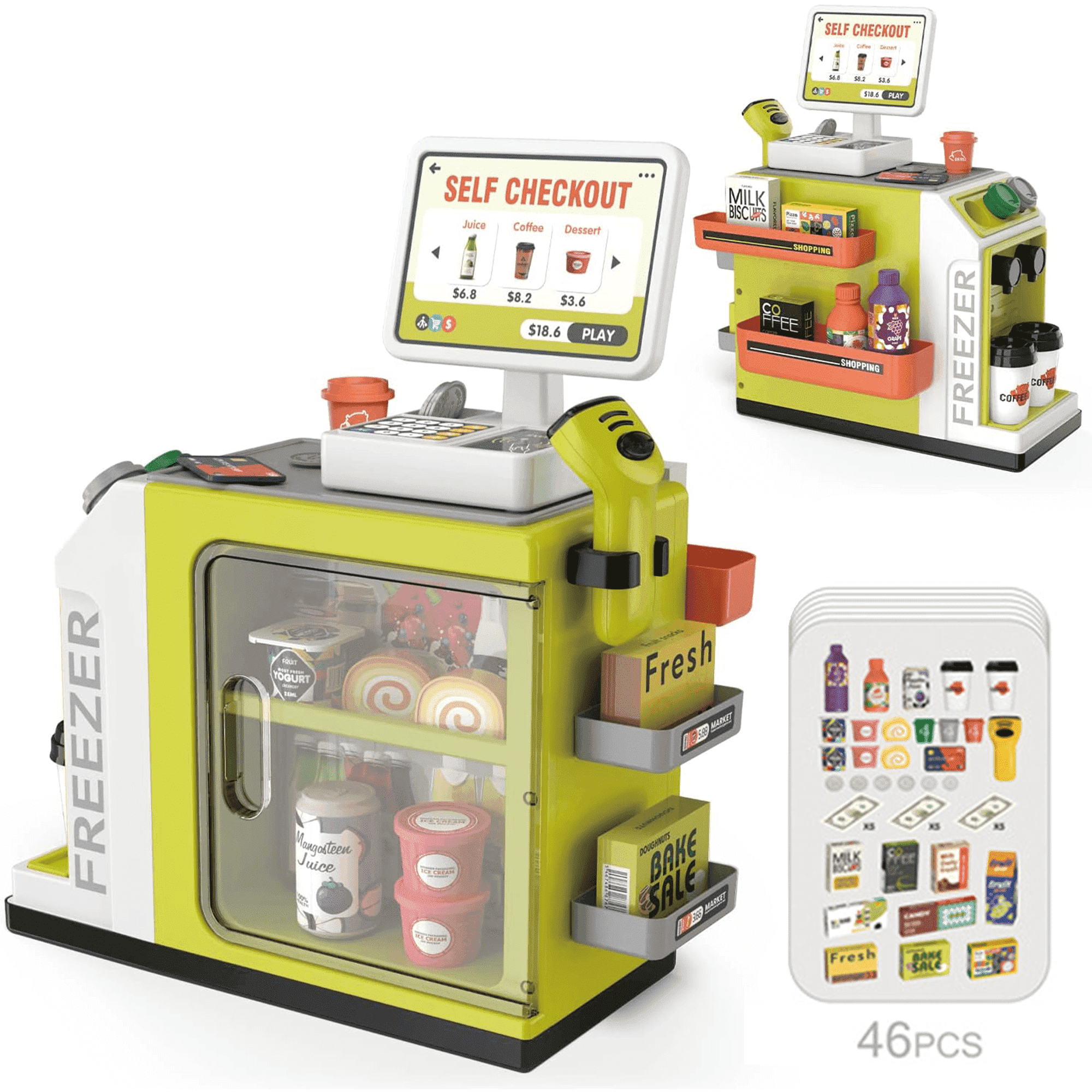 Adofi Cash Register Playset for Kids, Pretend Play Grocery Store Toy with Scanner and Play Food (Green, 46-Piece Set) jy5at