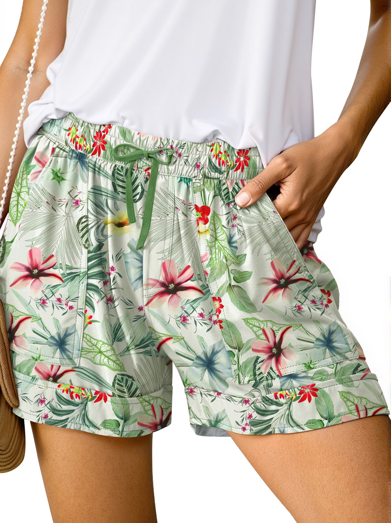 Fantaslook Womens Casual Shorts Elastic Waist Drawstring Beach Shorts with Pockets (Green, L) tf4d2