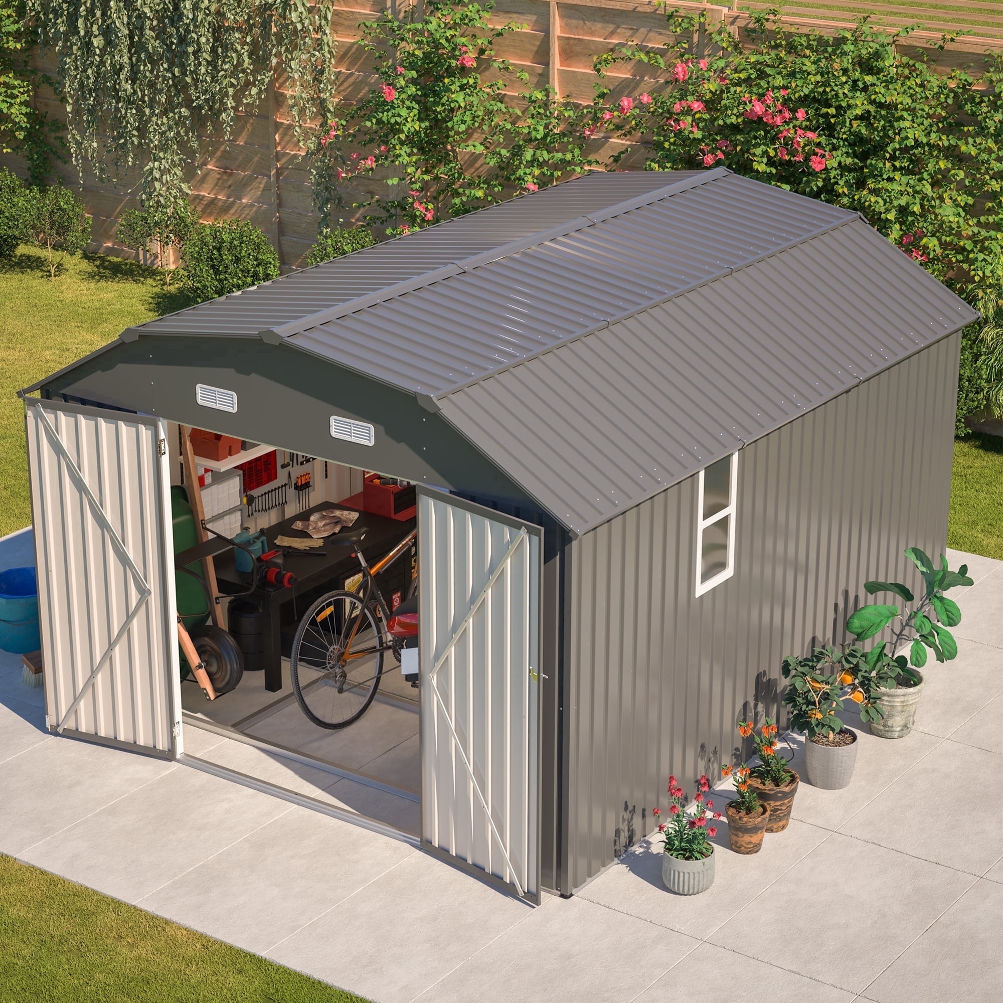 LZBEITEM Metal Outdoor Storage Shed with Floor Frame Kit, Heavy-Duty Garden Tool Shed with Lockable Door and Window (Grey, 10 ft x 12 ft) zqgpg