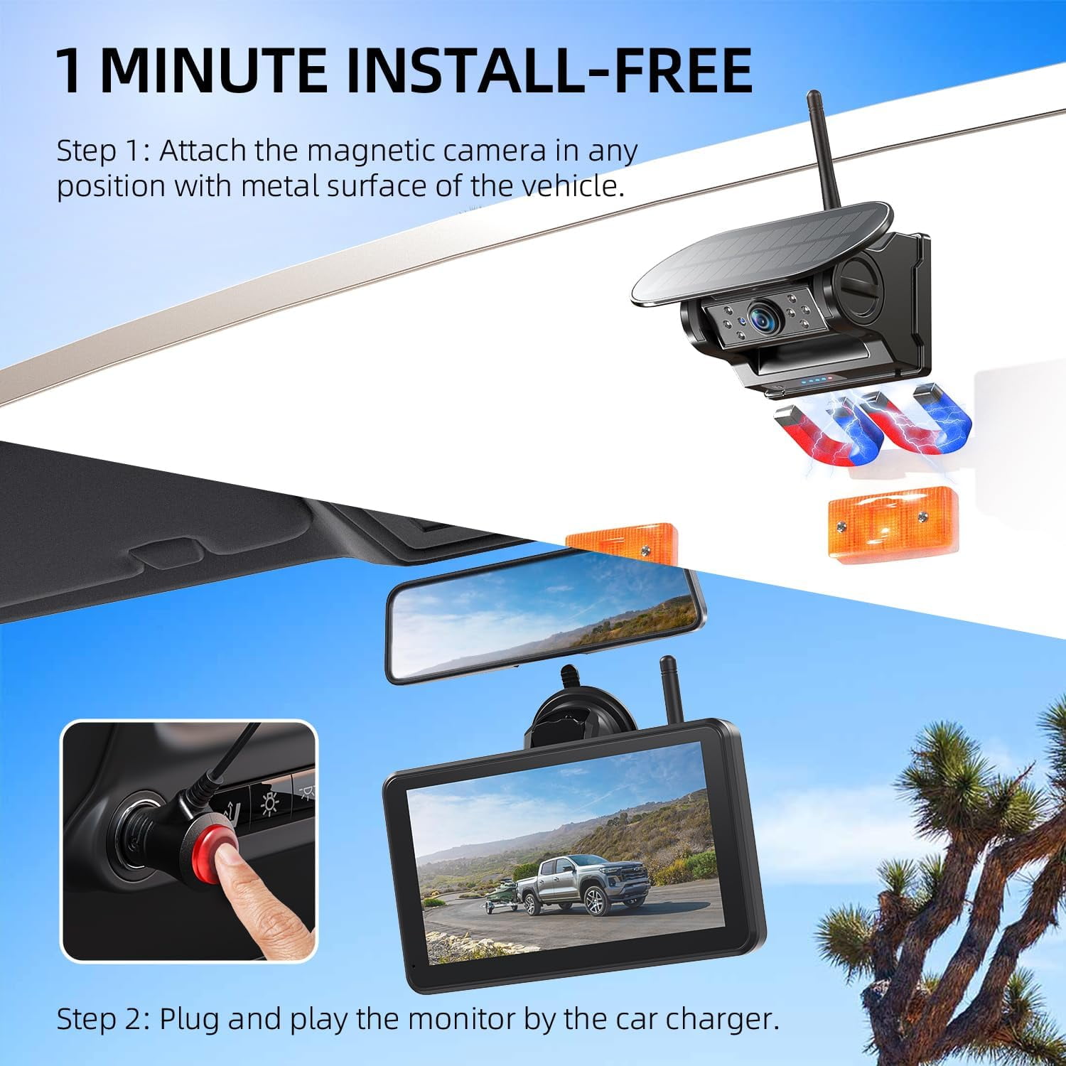 eRapta Magnetic Solar Wireless Backup Camera System (7 in 1080P Touchscreen, Dual Cameras, Black) o9zmu