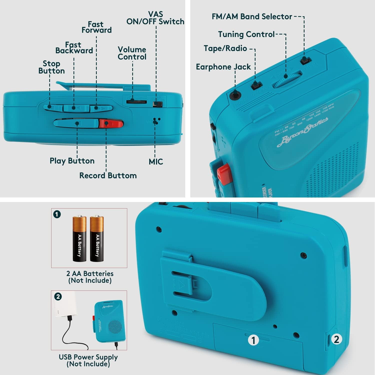 ByronStatics Portable Cassette Player and AM/FM Radio Recorder (Teal, 4.72 x 3.54 x 1.18 in) 3nth1