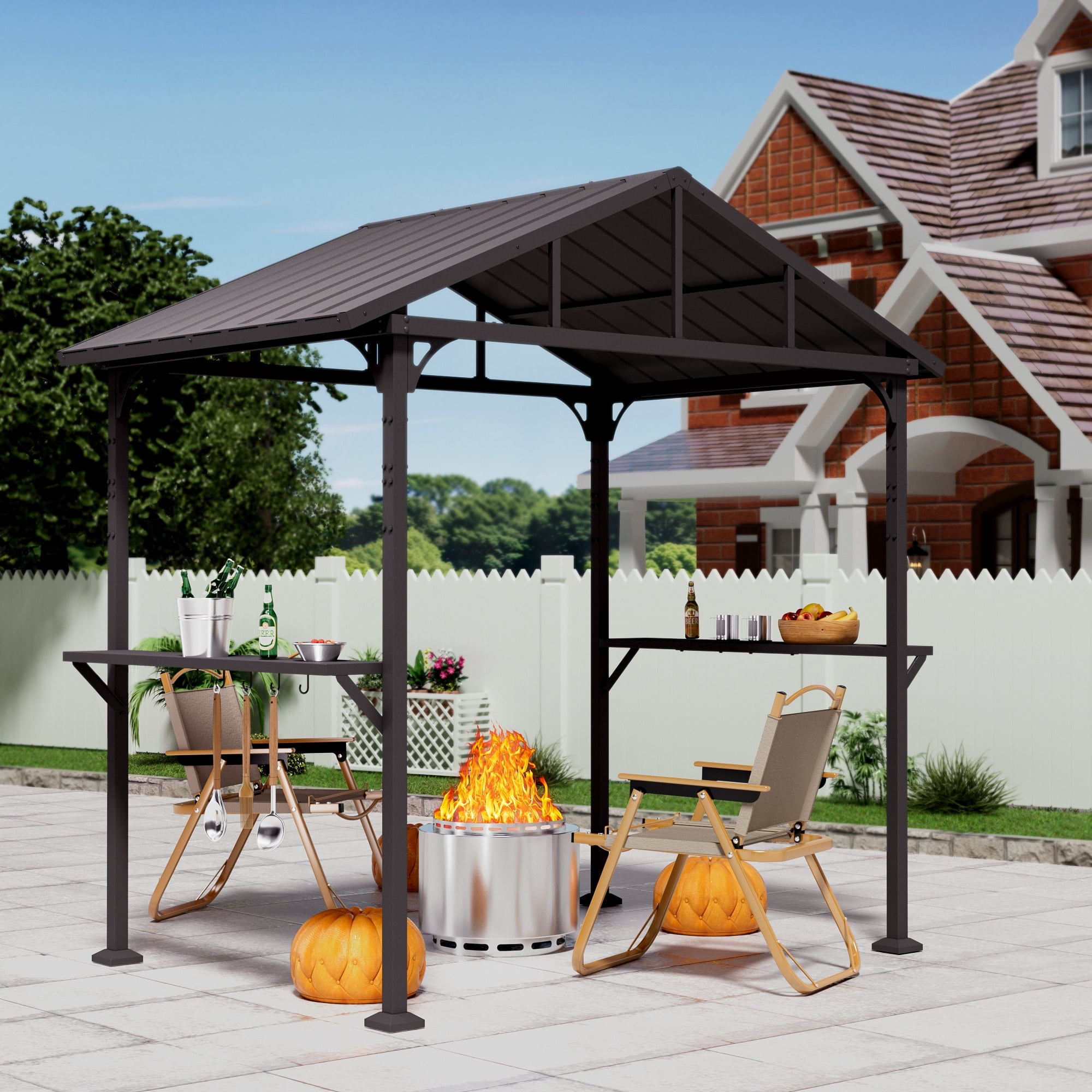 ALAULM 8 ft x 5 ft Hardtop Grill Gazebo, Outdoor BBQ Canopy with 19 in Smokeless Fire Pit, Metal Roof, Side Shelves & Tool Hooks (Black) xou82