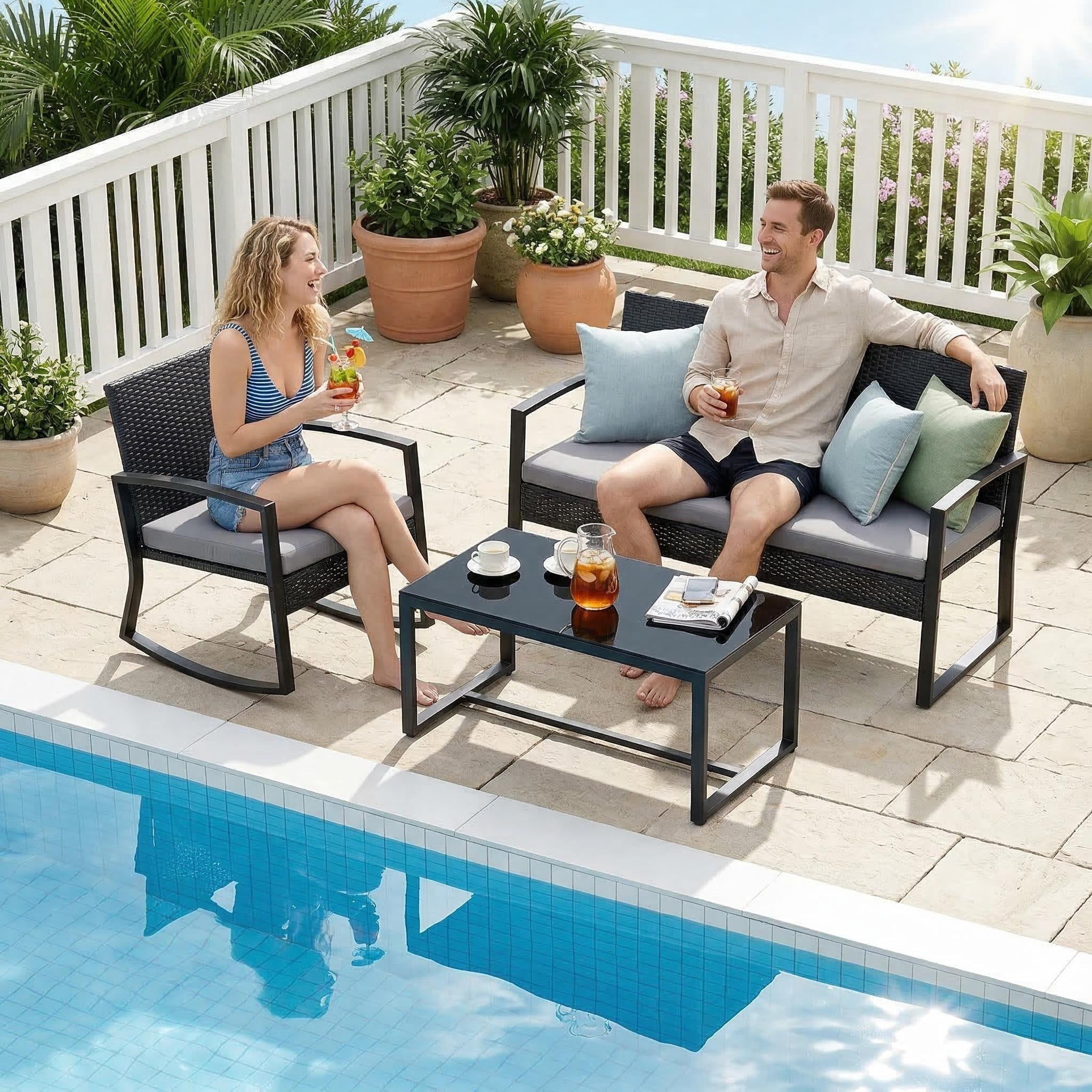 Lofka 8-Piece Outdoor Patio Furniture Set, All-Weather Wicker Rocking Chairs with Glass Coffee Tables (Gray, 8-Piece Set) sqtb1