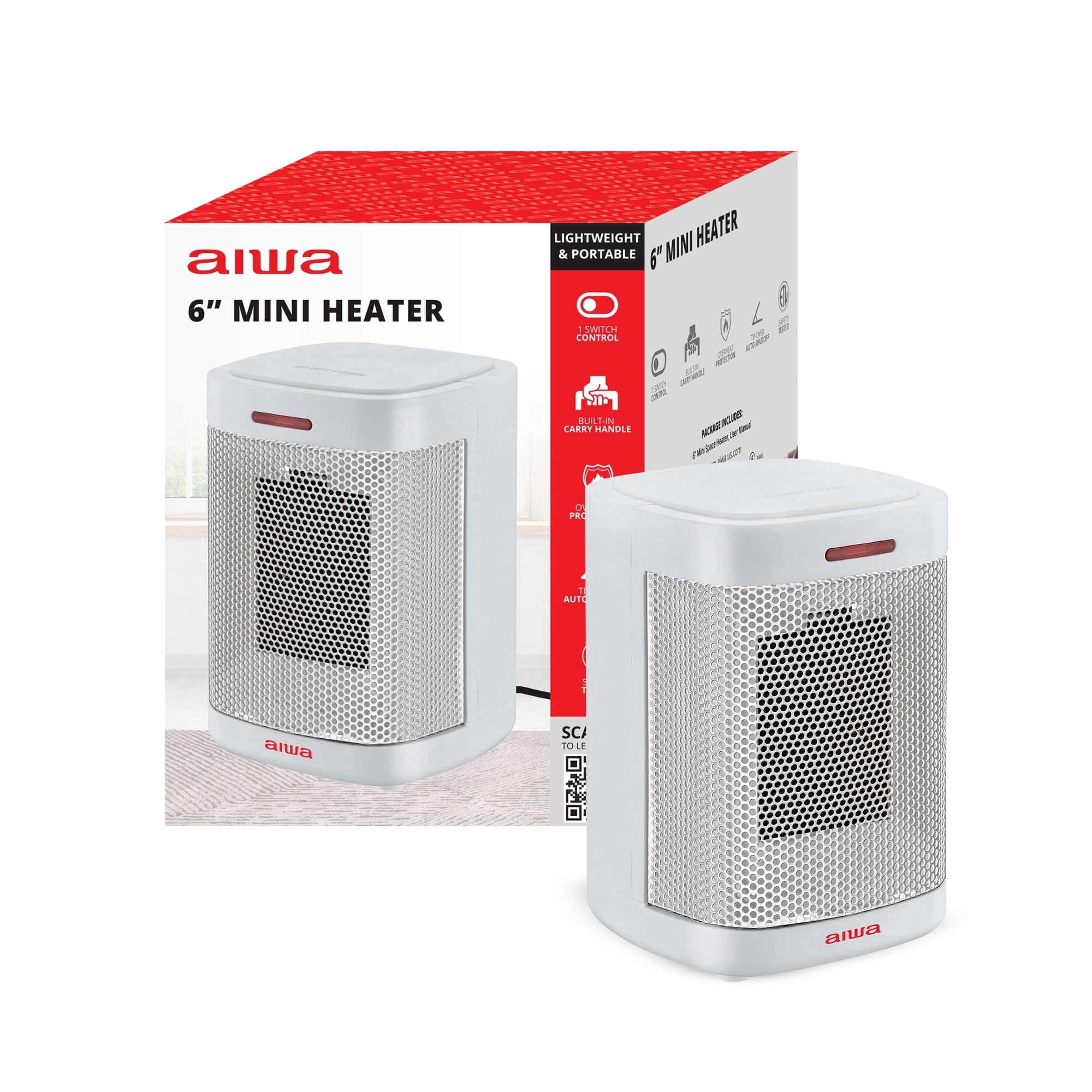 Aiwa Ceramic Space Heater, Mini Portable Electric Indoor Heater with Overheat Protection (White, 6 in x 4.3 in x 4.3 in) preor