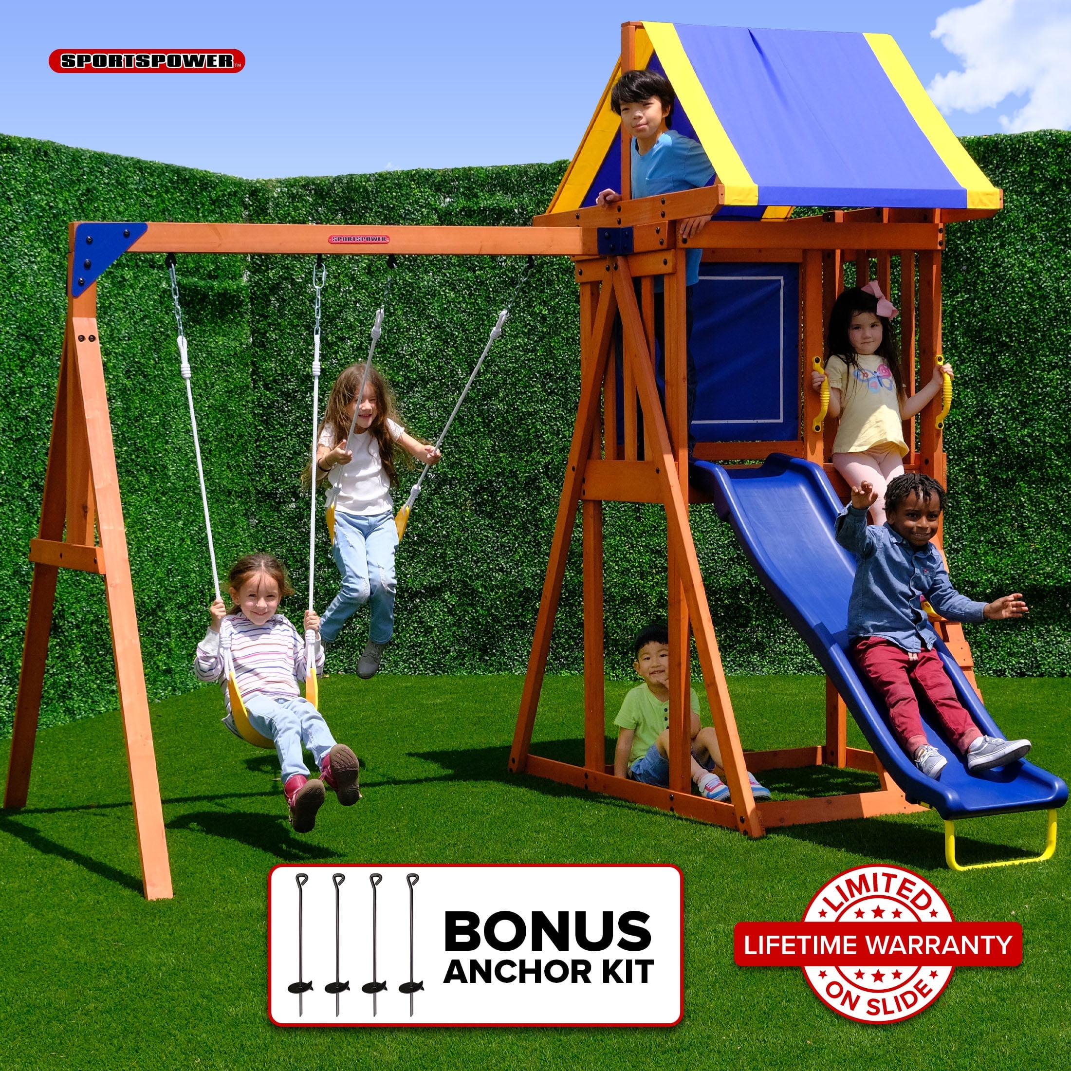 Sportspower Asher Wooden Swing Set with 2 Belt Swings, Rock Climber, and 6ft Slide (Blue, 500 lb Capacity) i3fe5
