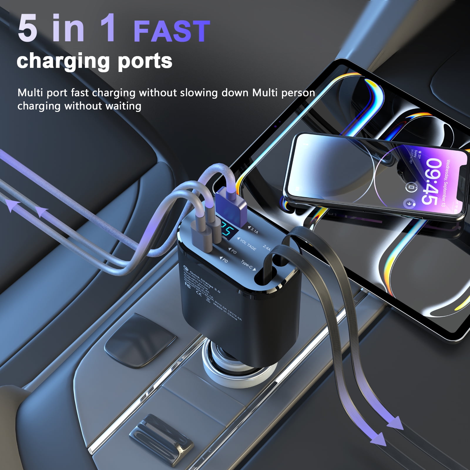 JcBlaon 66W Retractable Car Charger 4-in-1 Fast Charging Adapter with Voltage Monitor (Black, 5.5 x 2 x 1.29 in) sbwpr