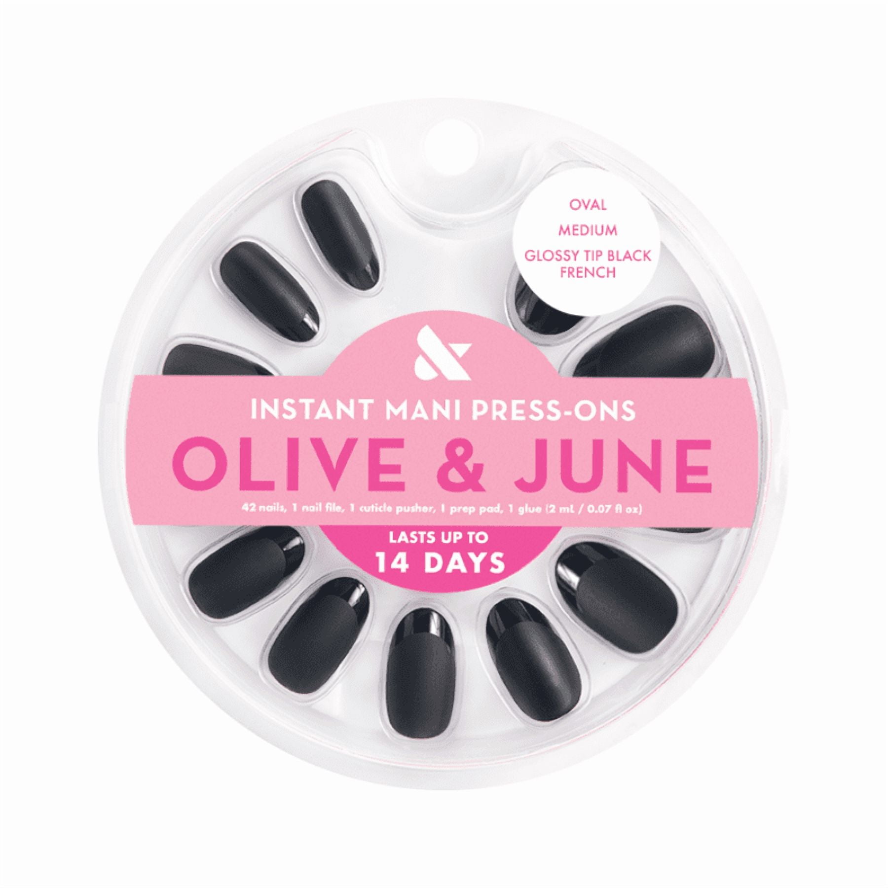 Olive & June Instant Mani Press-on Nails, Medium Oval Shape, Glossy Black French Tip (42 Pieces) j18lz