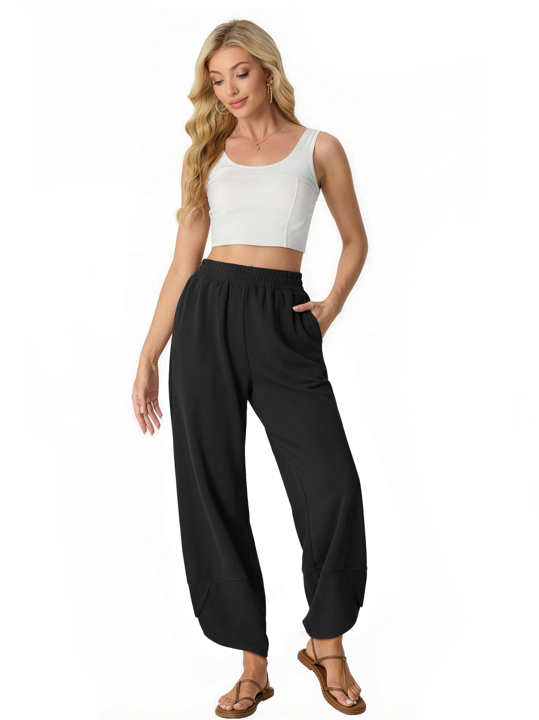 Fantaslook Women's Wide Leg Capri Pants High Waisted Harem Sweatpants with Pockets (Black, S-2XL) r2xe7