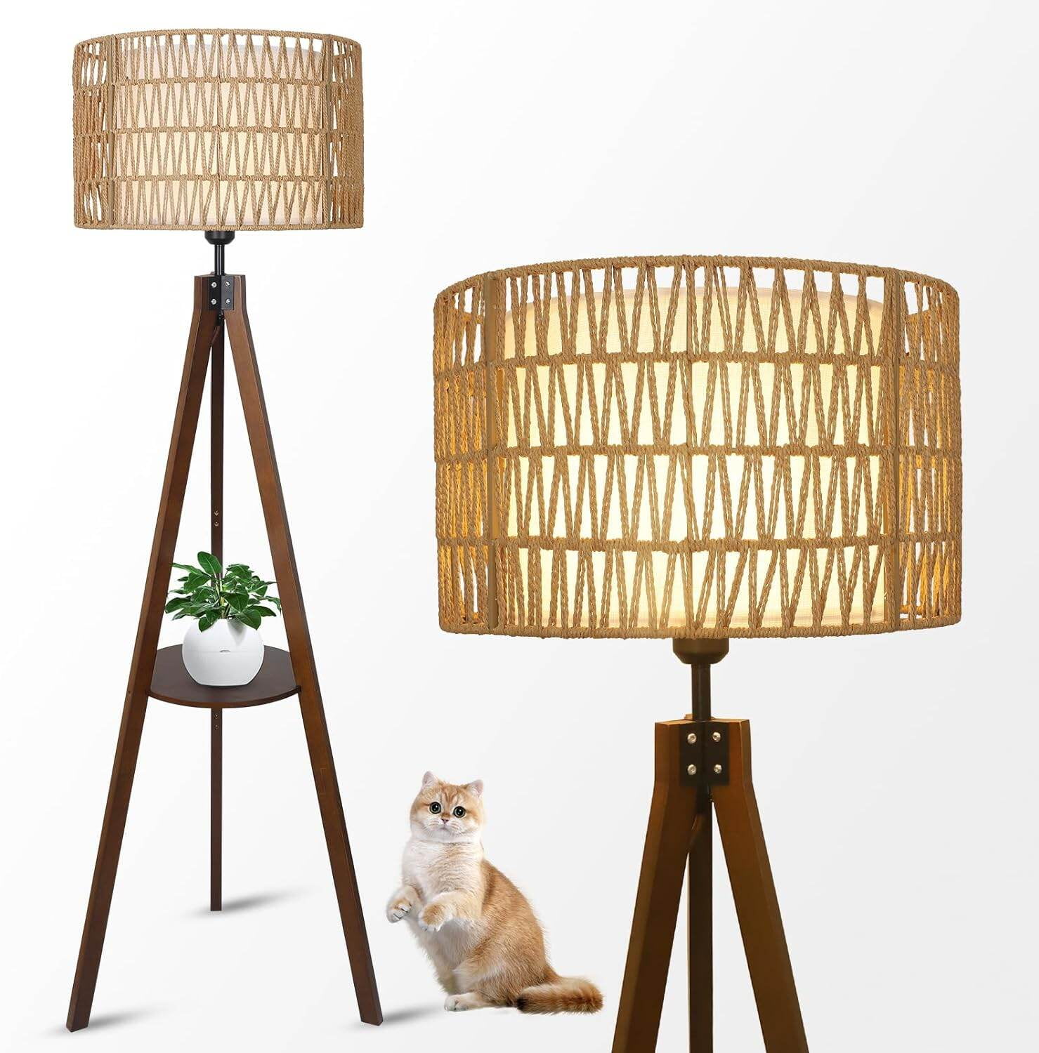 PuppyCheer Boho Tripod Floor Lamp with Shelves, Mid Century Wood Standing Lamp with Rattan & Fabric Shades (Brown, 59 in) siusv