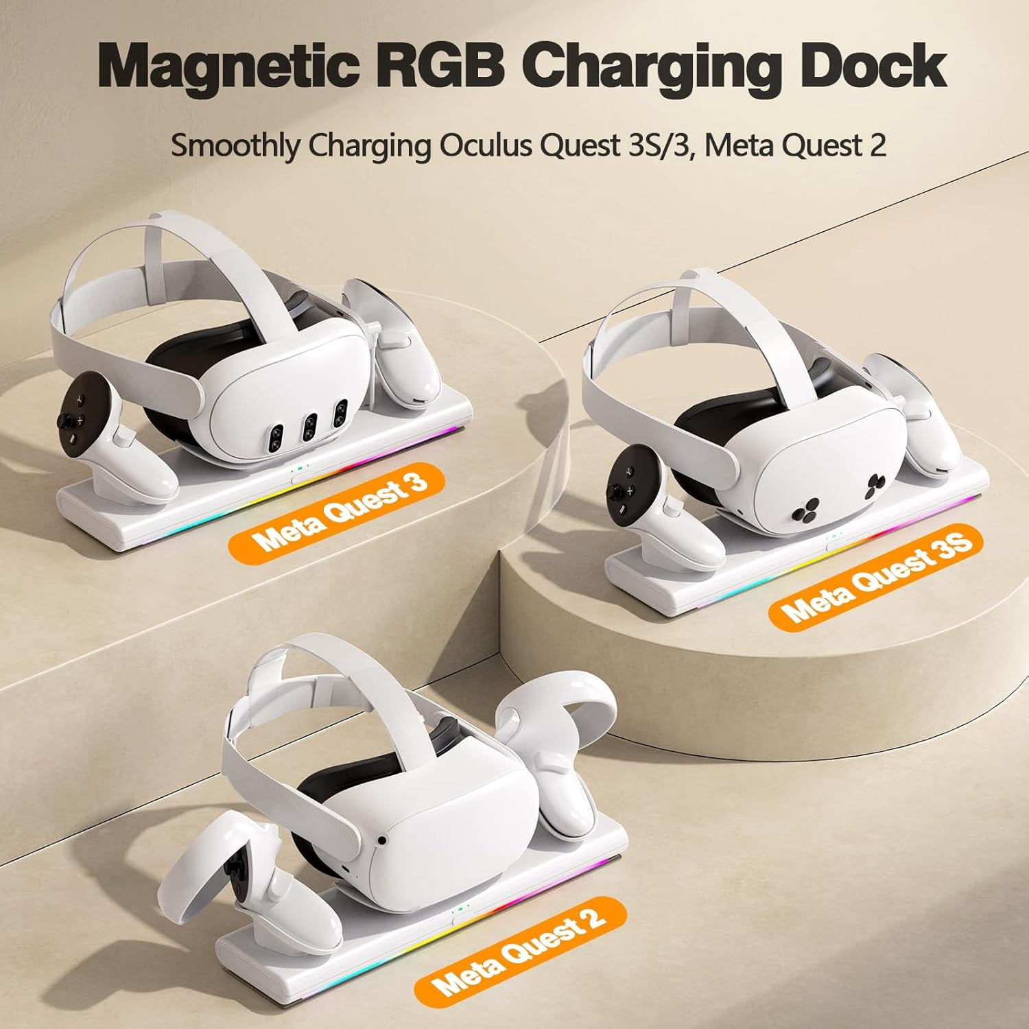 Prociv VR Charging Dock for Meta Quest 3S/3/2, Magnetic Fast Charging Station with RGB Light (White, 1 Pack) k1a4j