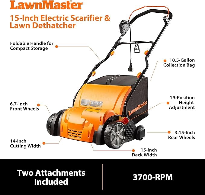 LawnMaster 13 Amp Electric Dethatcher and Scarifier with 10.5 Gallon Collection Bag (Orange, 15 in) bl4x6