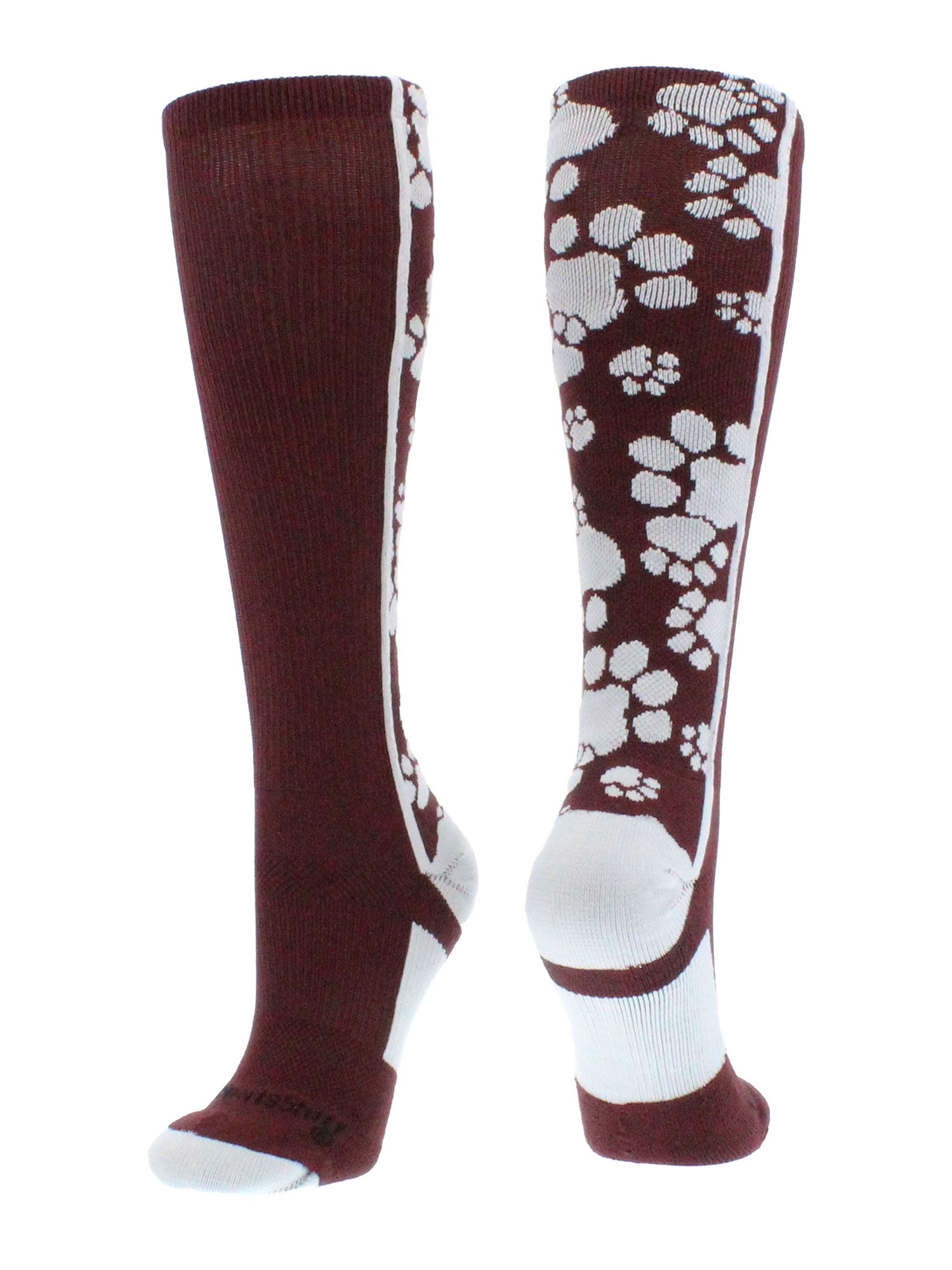 MadSportsStuff Over the Calf Paw Print Athletic Socks (Maroon/White, Large) brrfs