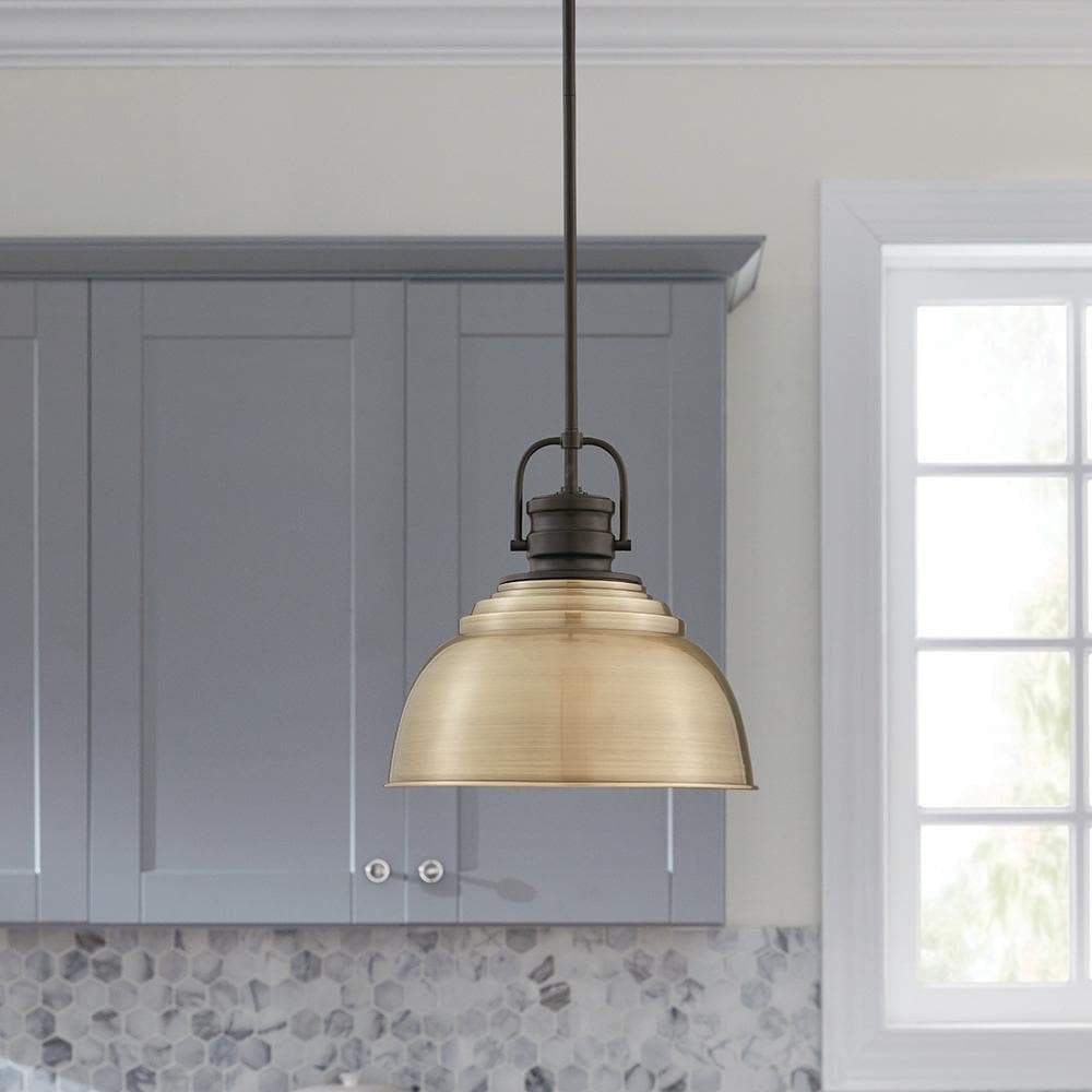 Home Decorators Collection Shelston Farmhouse Pendant Light Fixture, Antique Gold and Black Metal Shade (13 in. Diameter) 53jr2