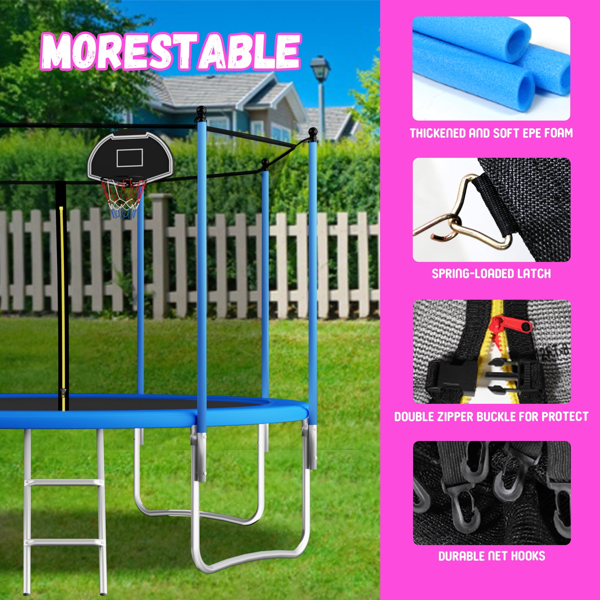 Shengchao Trade 12 ft Recreational Trampoline with Enclosure, Basketball Hoop, and Safety Ladder (Blue, 1000 lb) jjouu
