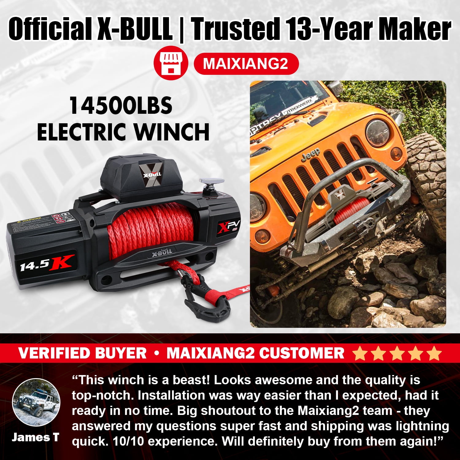 X-BULL Electric Winch XPV 14500 lb 12V Synthetic Rope Off-Road Recovery System (Black, 14500 lb) pqkvu
