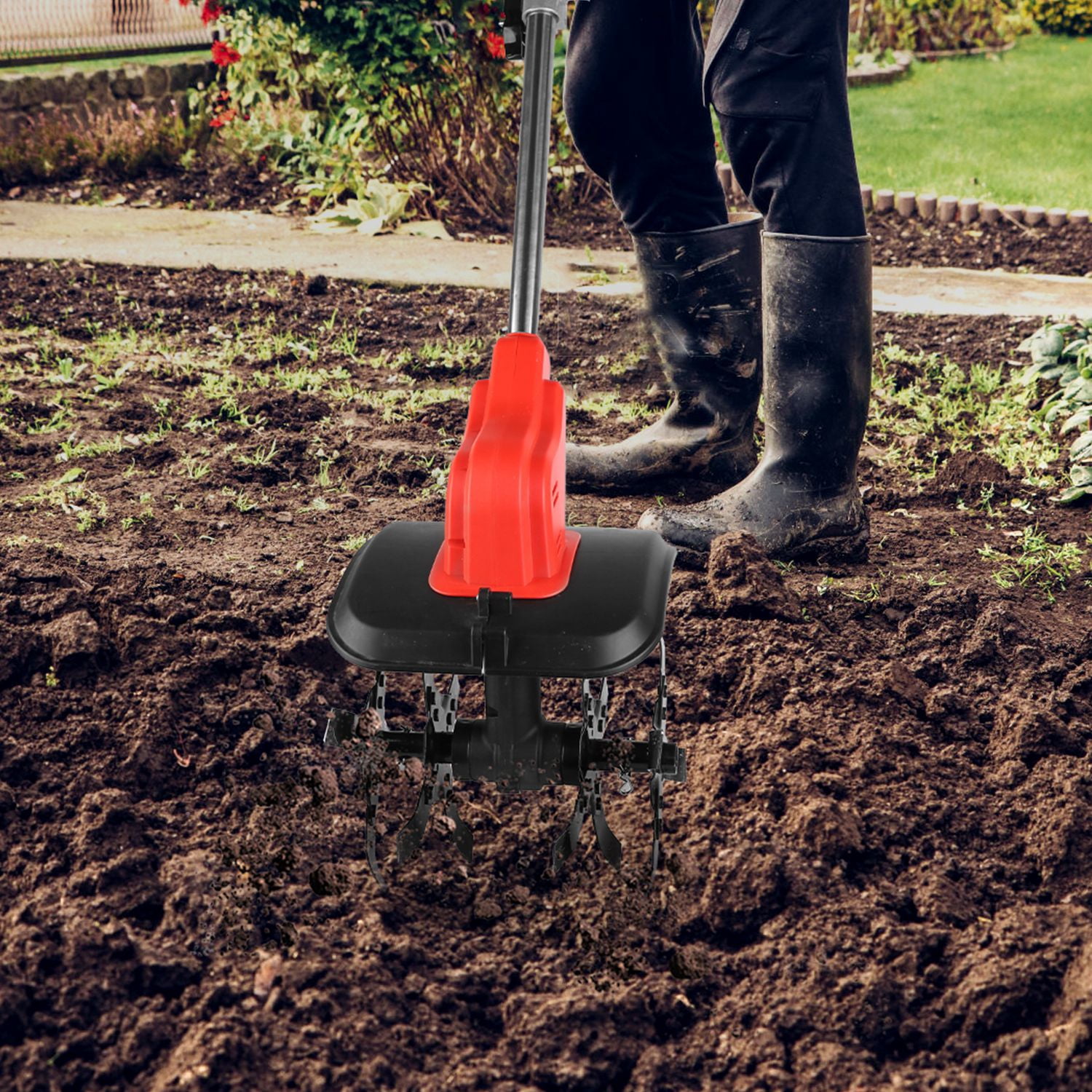 Moclever Electric Garden Tiller, Cordless Cultivator with 16 Steel Tines, 9-in Tilling Width & Depth (Black & Red, 11.02 lb) 9lg2x