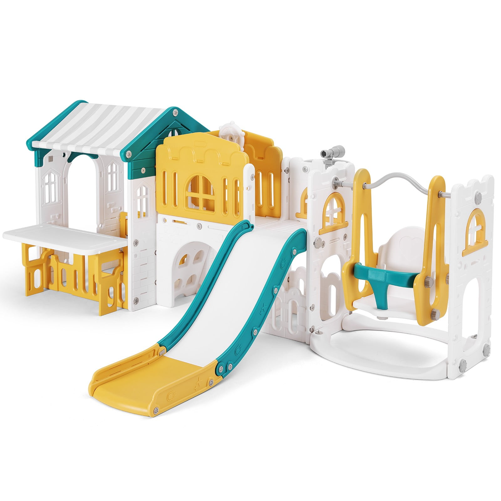 Joyldias 10-in-1 Toddler Slide and Swing Playset with Playhouse and Basketball Hoop (Green, Yellow, White) aeisf