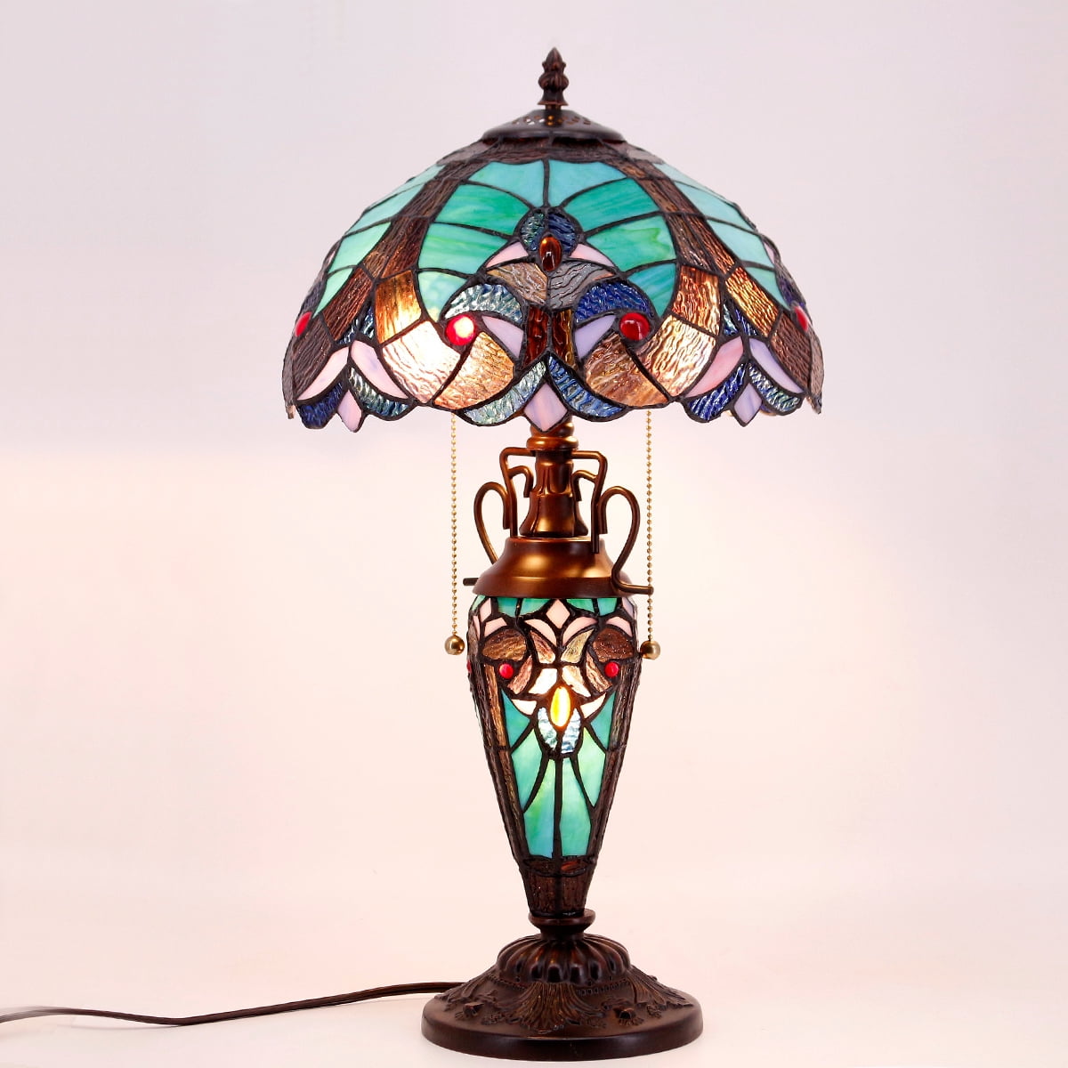 Werfactory Tiffany Style Stained Glass Table Lamp with Nightlight (Green, 22 in) j3pg1