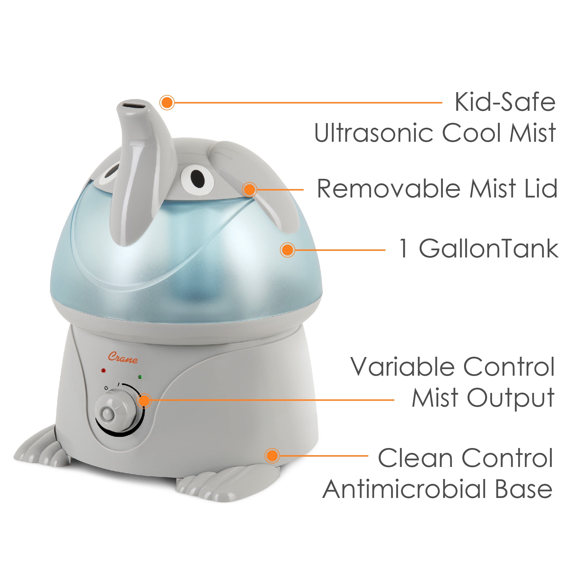Crane Ultrasonic Elephant Humidifier (Gray, 1 gal) p55pk