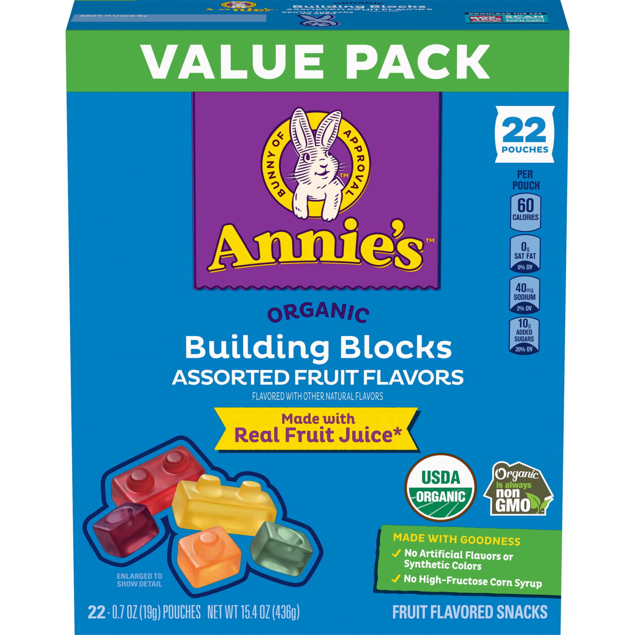 Annie's Organic Fruit Flavored Snacks, Building Block Shaped Gummies, Gluten Free (Assorted Flavors, 22 Pouches, 15.4 oz) 3nd4a