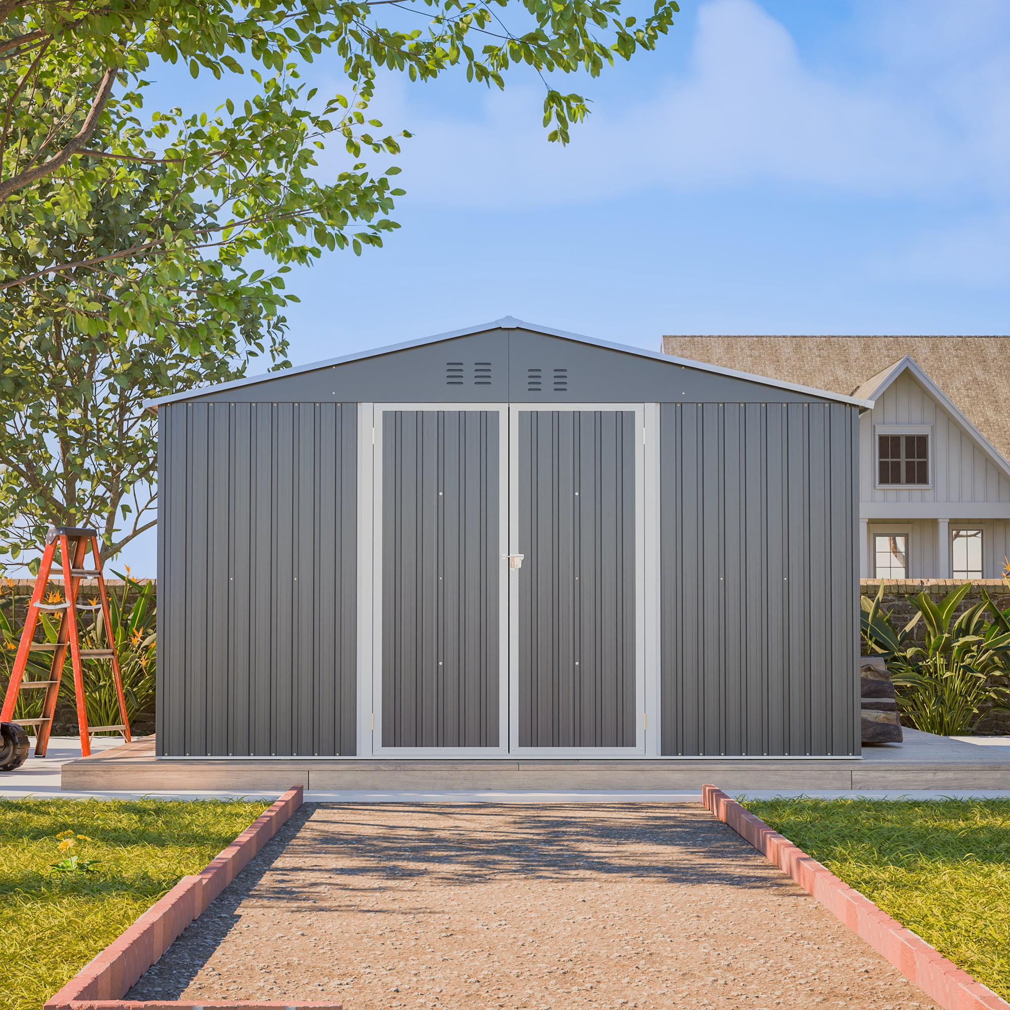 LZBEITEM Outdoor Storage Metal Shed, Galvanized Steel Garden Tool House with Floor Frame Kit and Lockable Doors (Gray, 11 x 13 ft) rda6a