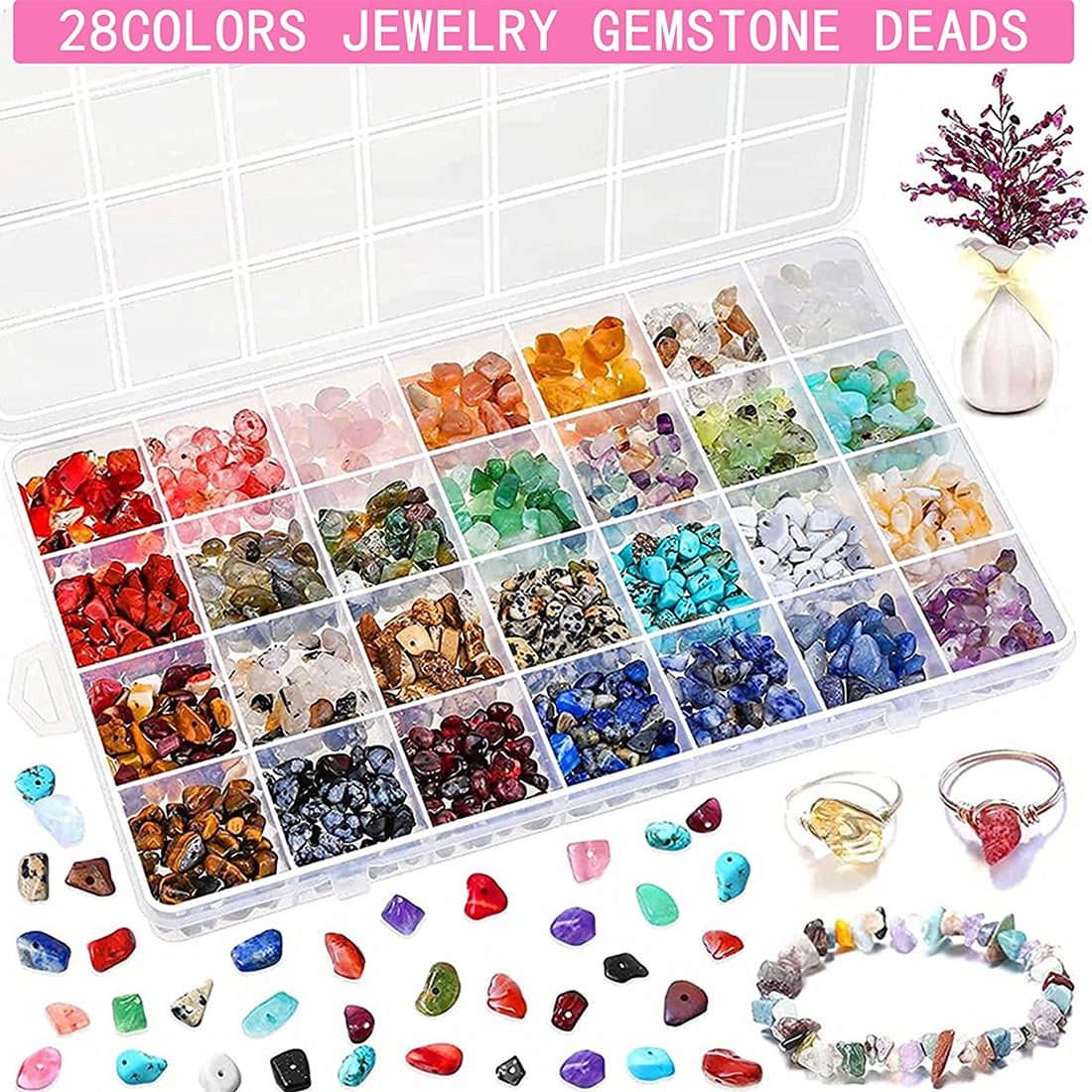 HXXF Jewelry Making Kit with 28 Colors Crystal Gemstone Chip Beads and Tools (1670 Pieces) axlfv
