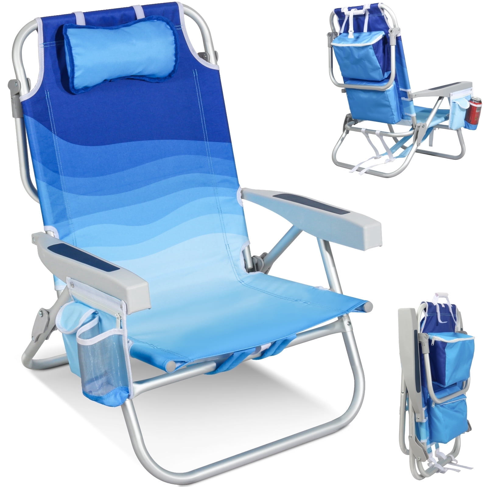 Join Nature 5-Position Lay-Flat Backpack Beach Chair with Insulated Cooler and Storage Pocket (Wave Blue, 300 lb Capacity) 97zzu