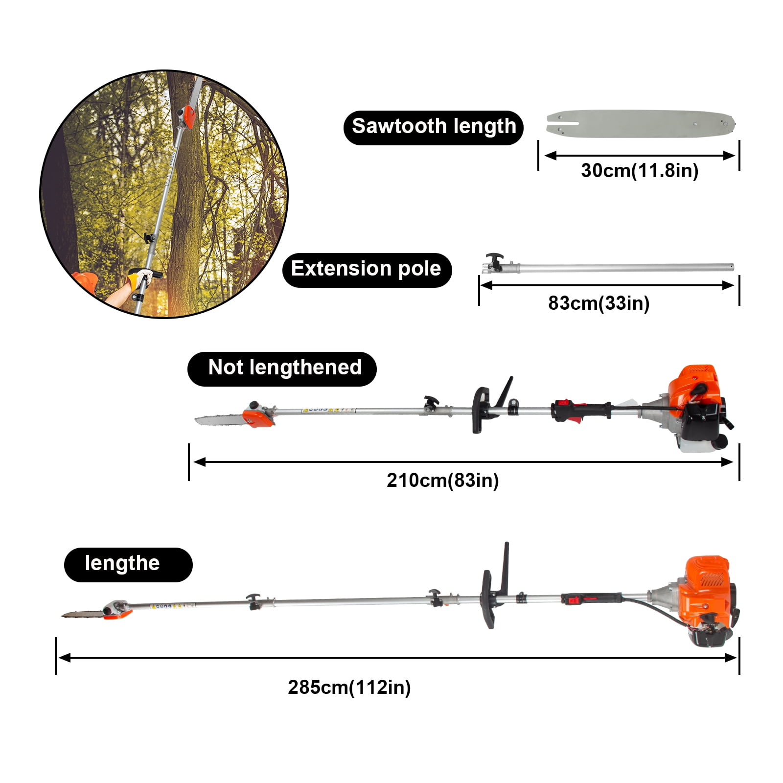 Kkonetoy 52CC 2-Cycle Gas Powered Pole Saw (Extendable Tree Trimmer, 10 ft) yzsdu