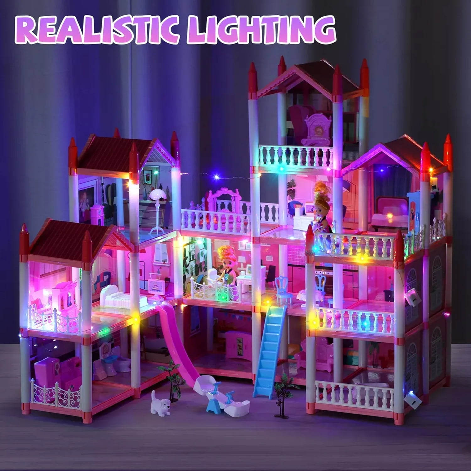 Lenbar 16-Room Dollhouse Playset with Furniture, Accessories, Colorful Lights and 3 Dolls (Pink) 7dbl9