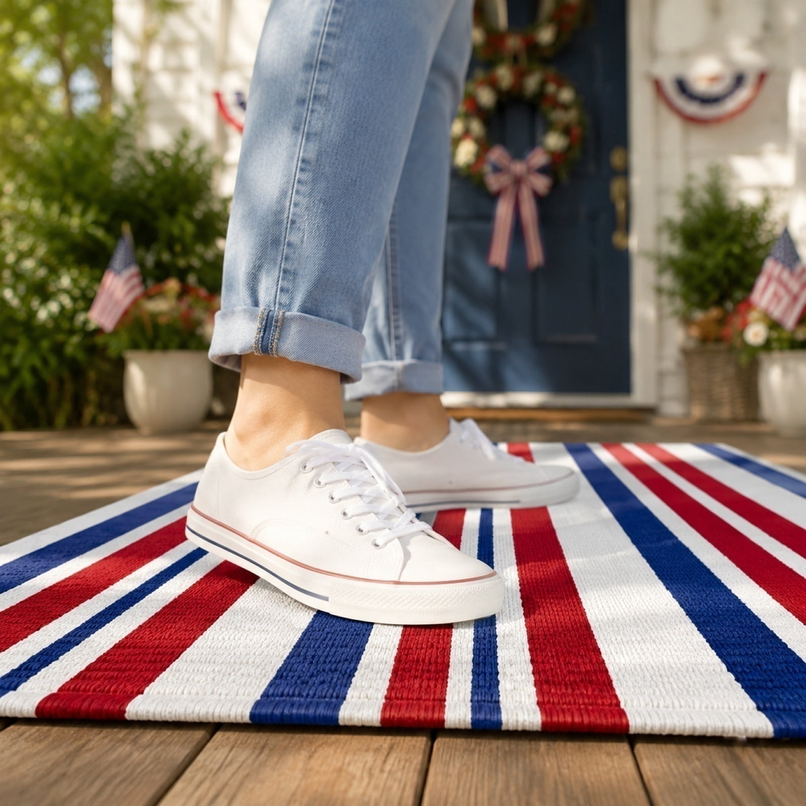 Drmagihm Patriotic Outdoor Mat, Reversible Red White Blue Stripe Rug for RV Camping, Picnic, and Porch (31.5 in x 47.3 in) q2335
