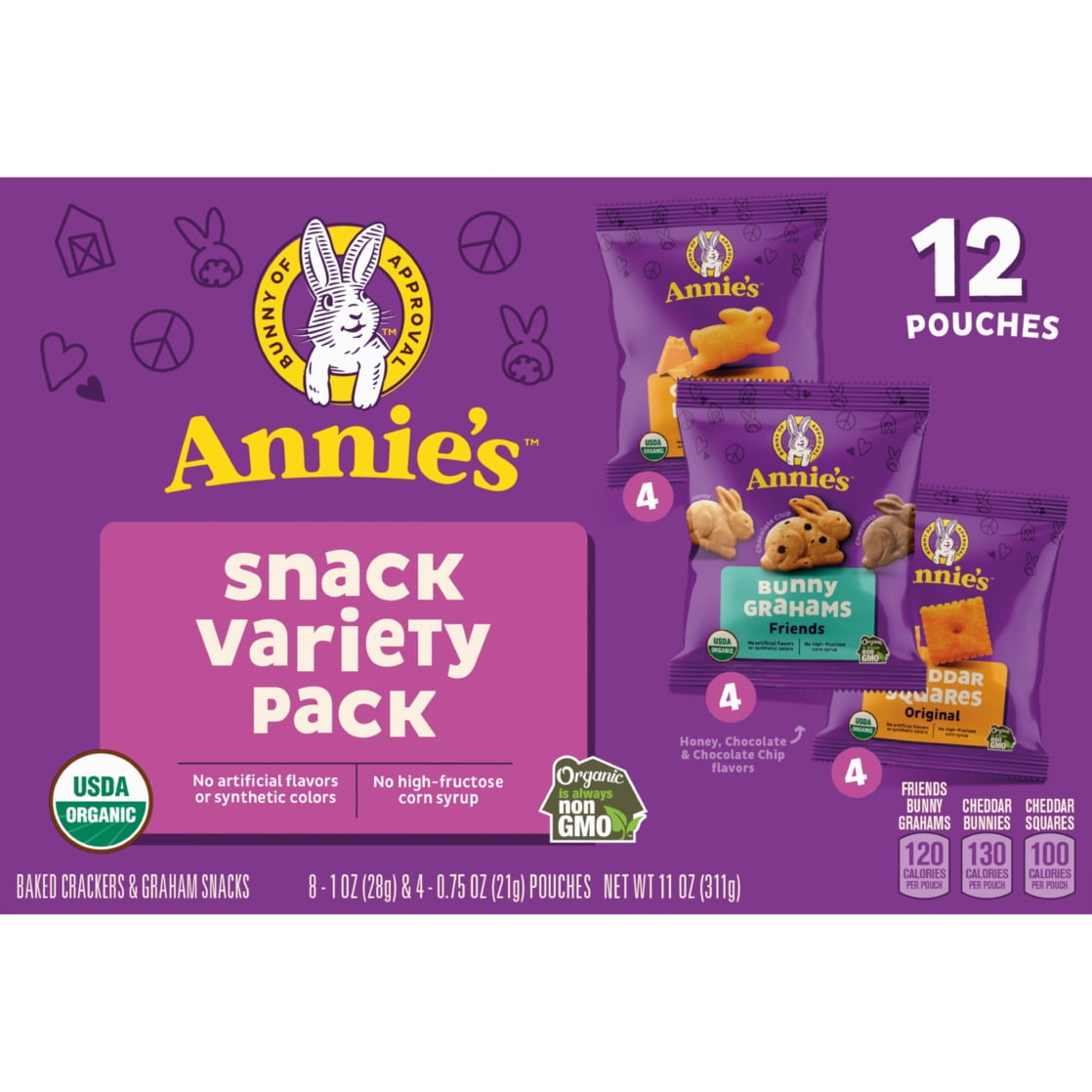 Annie's Organic Variety Snack Pack, Cheddar Bunnies, Bunny Grahams and Cheddar Squares (12 Count, 11 oz) pknp0